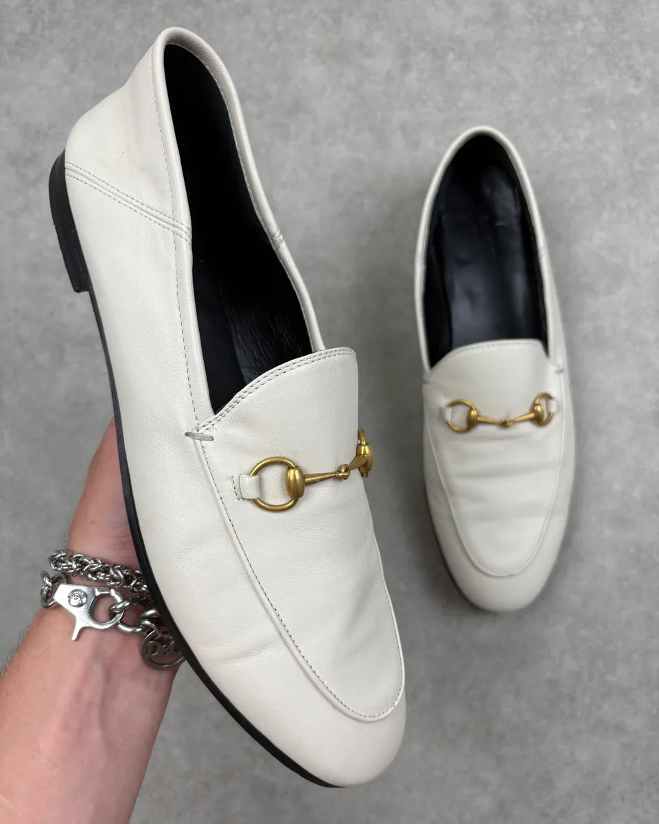 GUCCI ホワイト ローファー ゴールドロゴ Gucci White Leather Jordaan Loafer Shoes – Dolce Vita Hub