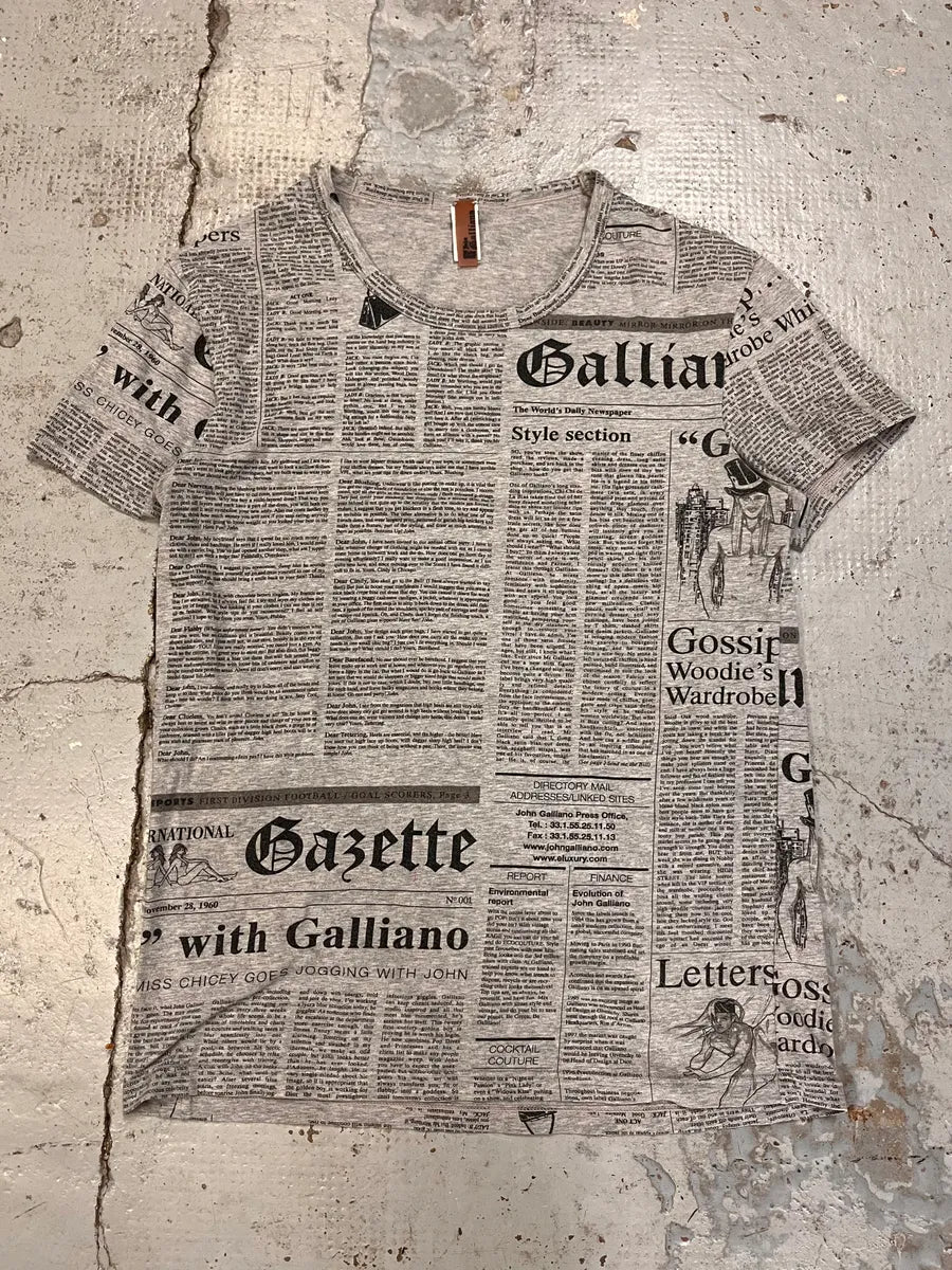 John Galliano Grey & Black V Neck Magazine Newspapers T-Shirt