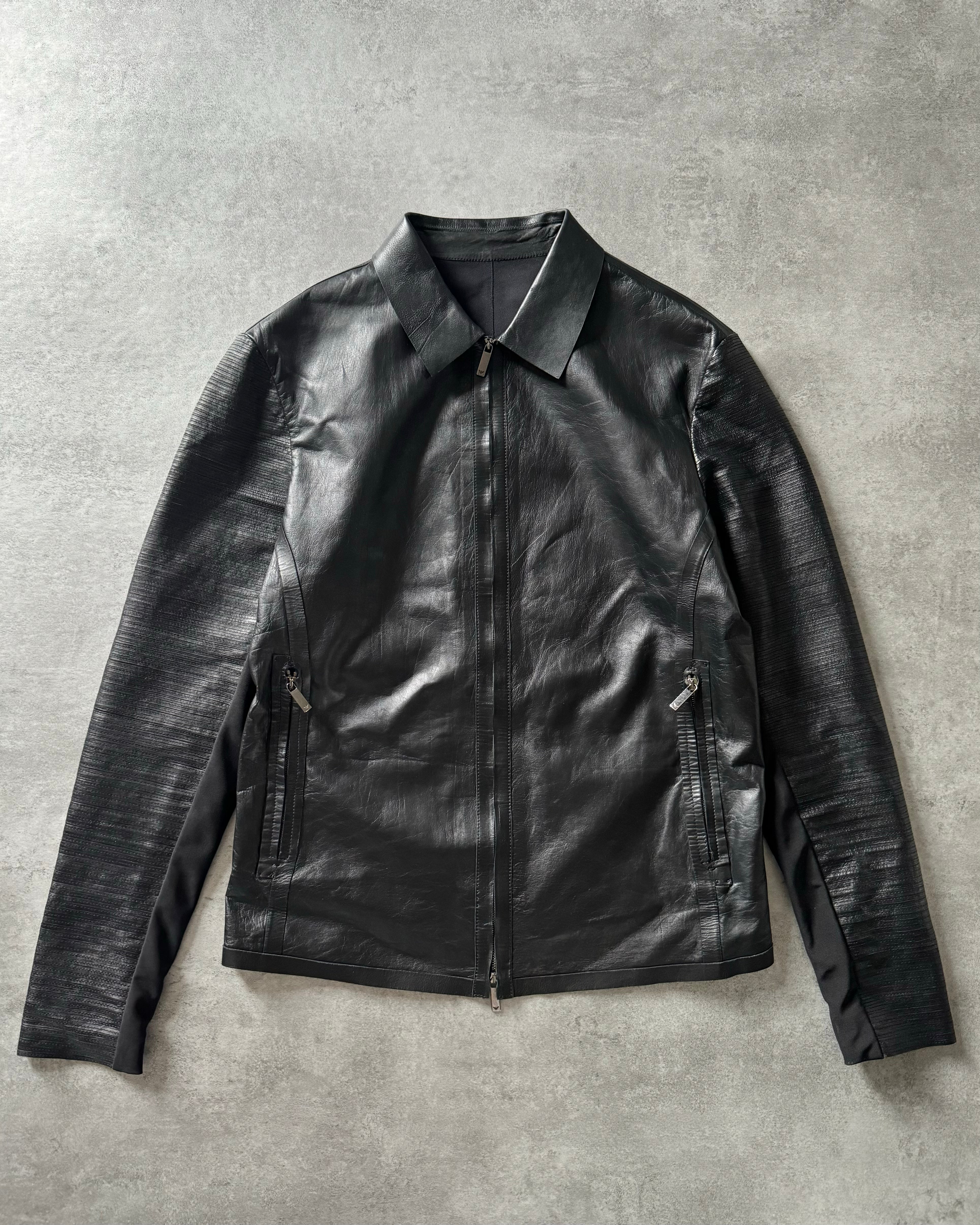 2013 SS エンポリオ アルマーニ 洗練されたブラック レザー ジャケット 