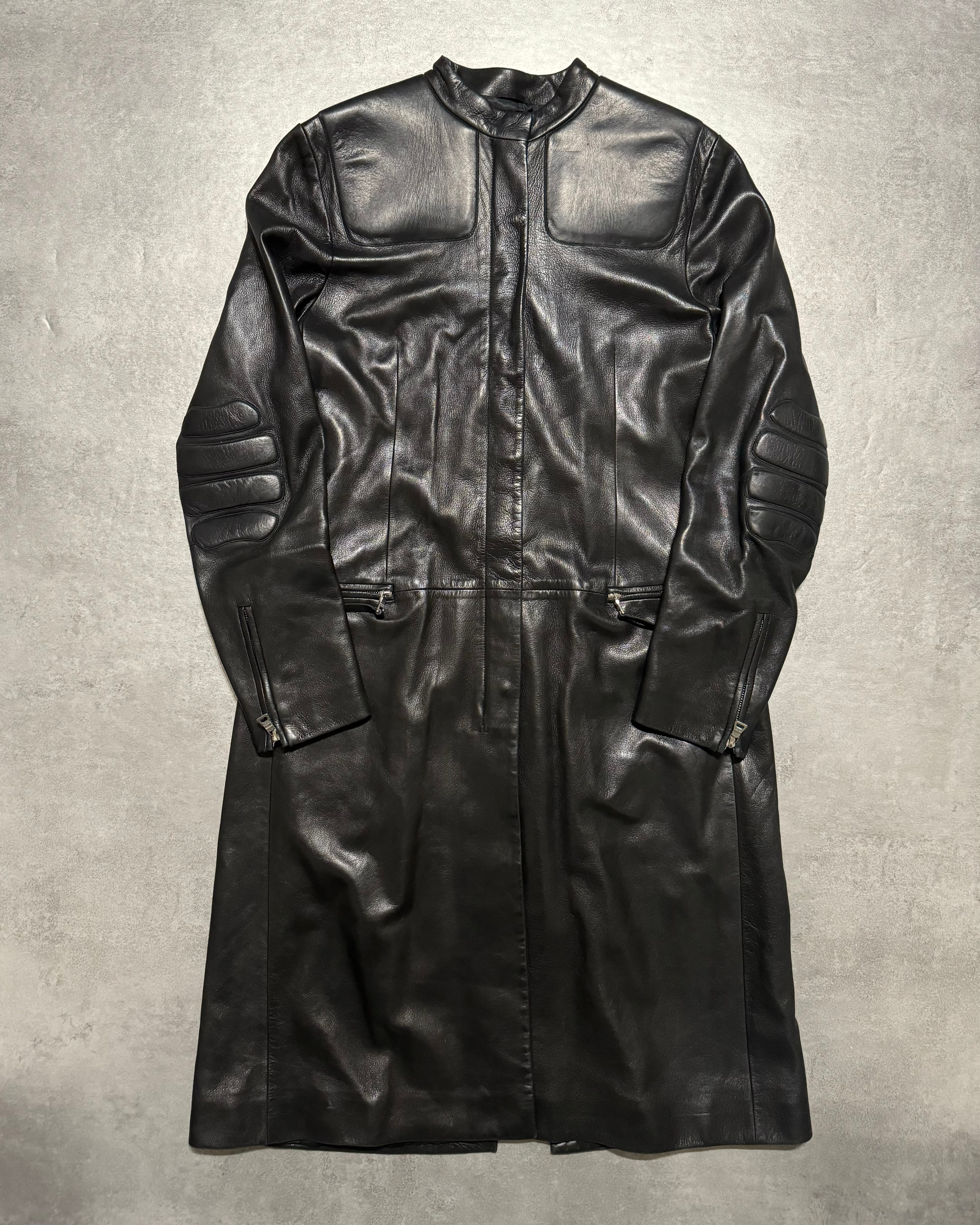 ズPRADA FW1999 コート FW1999 Prada Black Padded Biker Matrix Leather Trench Jacket