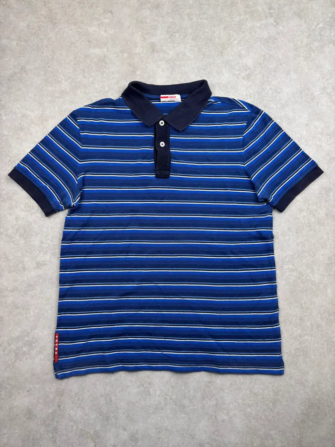 トップス PRADA 2000s stripe polo shirt 2000s Prada Blue Striped Linea Rossa Polo Shirt – Dolce Vita Hub