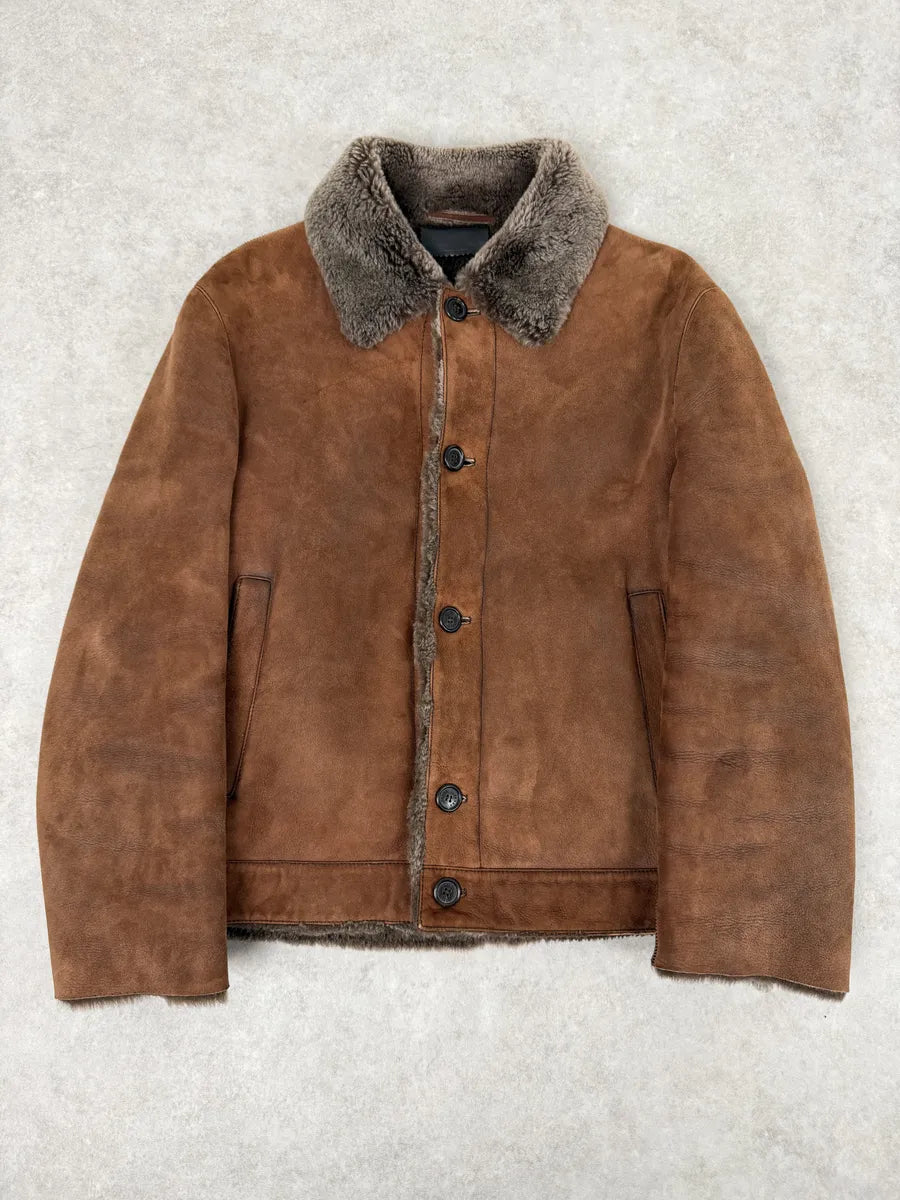 Prada Brown Italian Sheep Dyed Fur Shearling Leather Jacket