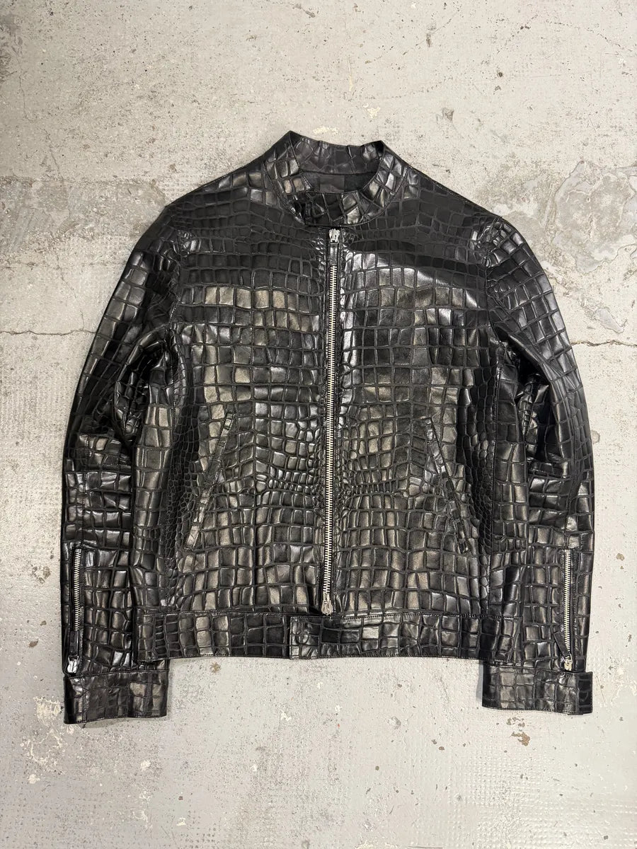 Roberto Cavalli Black Crocodile Embossed Leather Biker Jacket