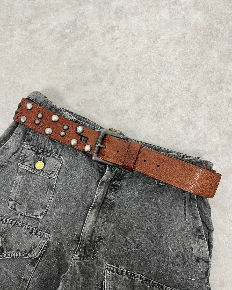 Roberto Cavalli Brown Leather Belt Large Ornate Studded Western Buckle Distress file.jpg main image 3