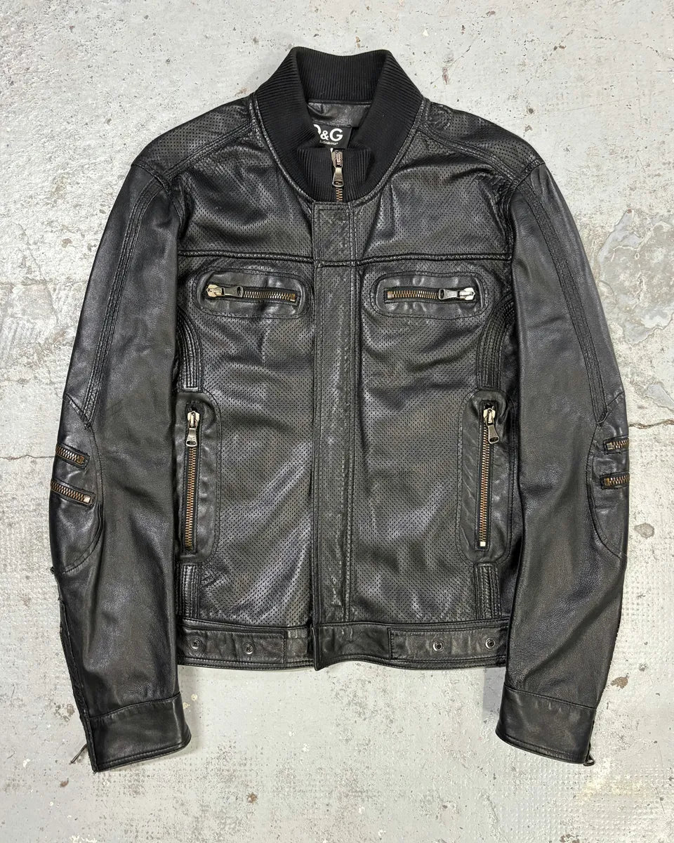 Dolce & Gabbana マルチポケット レザージャケット SS2005 Dolce & Gabbana Multi Pocket Black Leather Biker Jacket