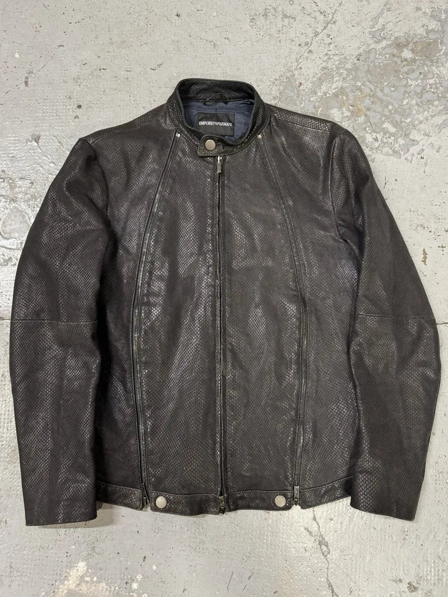 ジャケット・アウター SS2009 EMPORIO ARMANI Multi Zips Jacket SS2009 Emporio Armani Brown Snakeskin Effect Leather Multi Zips