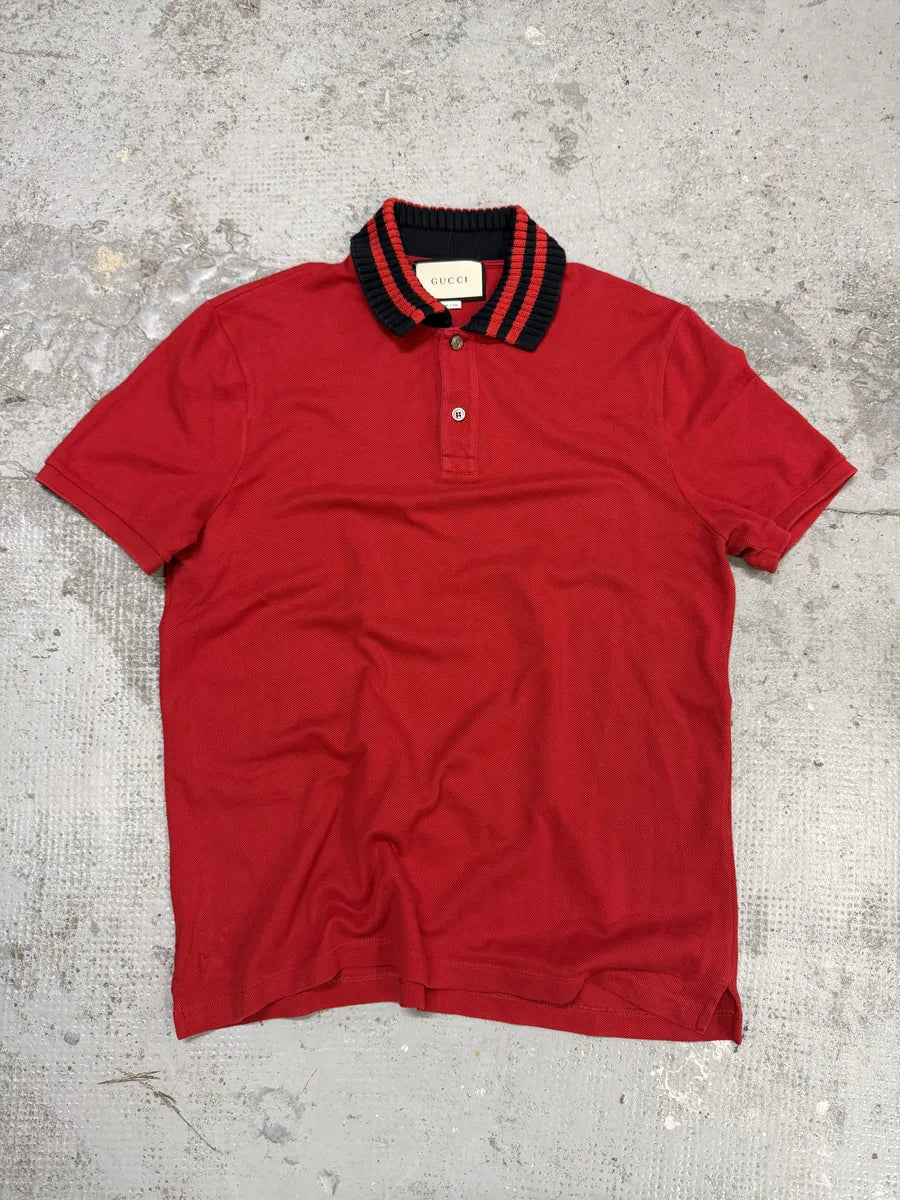 【美品】GUCCI レッド ポロシャツ GG cotton piquet jacquard polo shirt in Rosso Ancora red and white