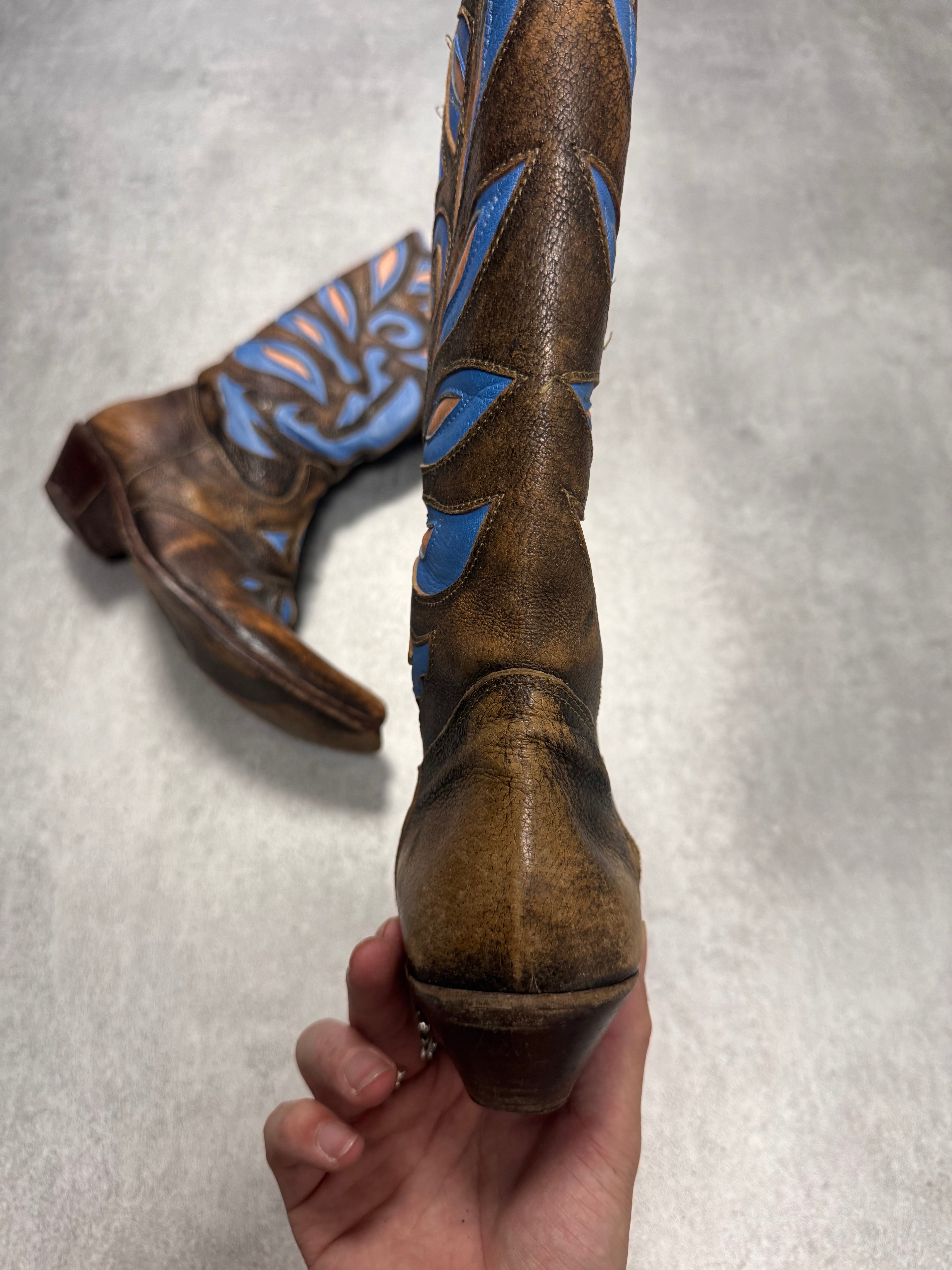 Roberto Cavalli Santiag Blue Fantasy Faded Leather Boots