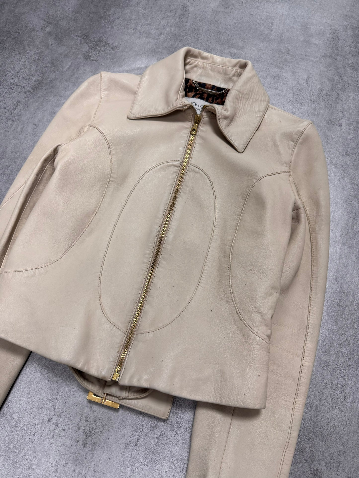 2000s Dolce & Gabbana Cream White Round Leather Jacket (XS)