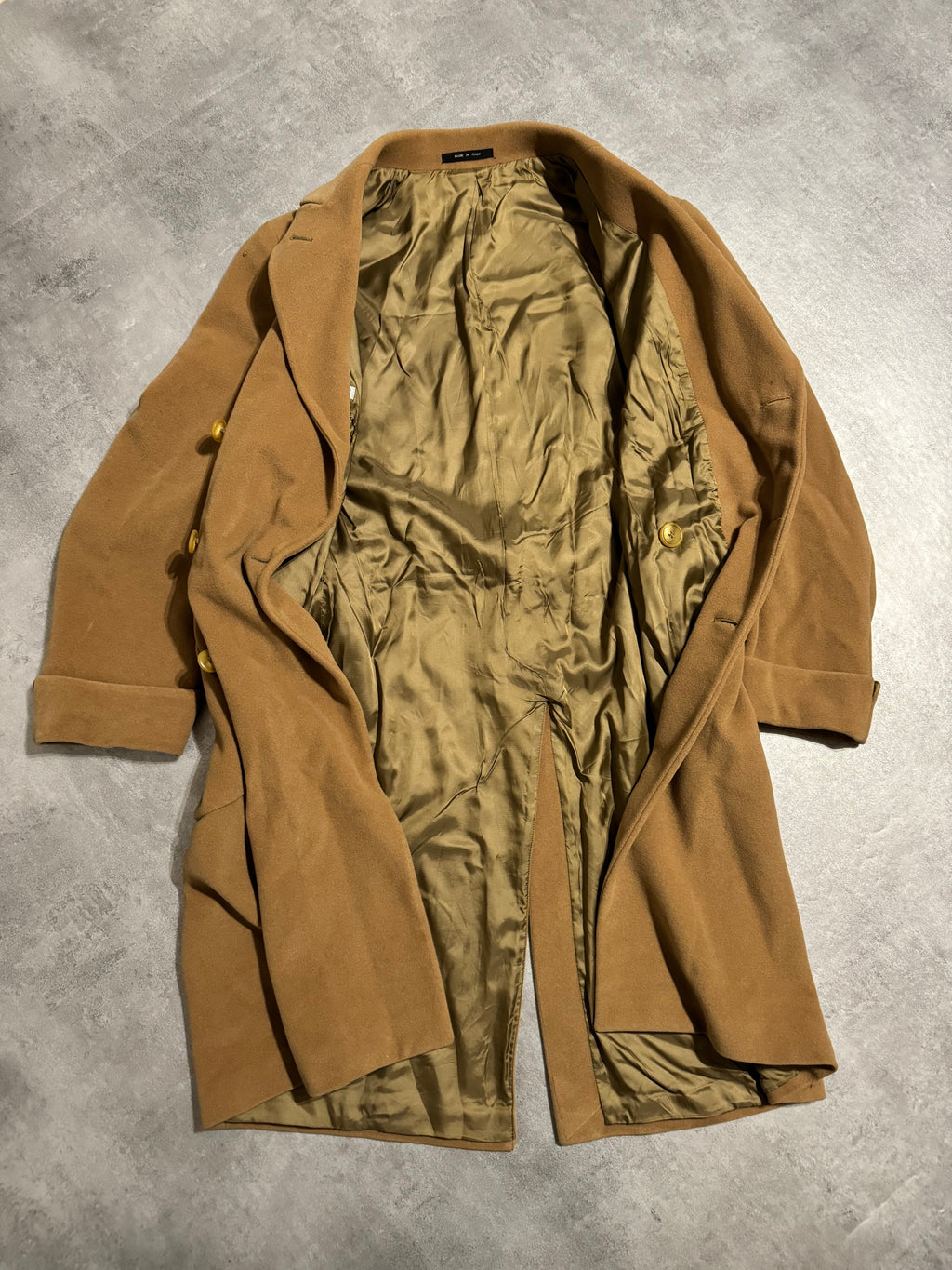 1990s Emporio Armani Camel Italian Captain Wool Trench Coat 1990s Emporio Armani Camel Italian Captain Wool Trench Coat
