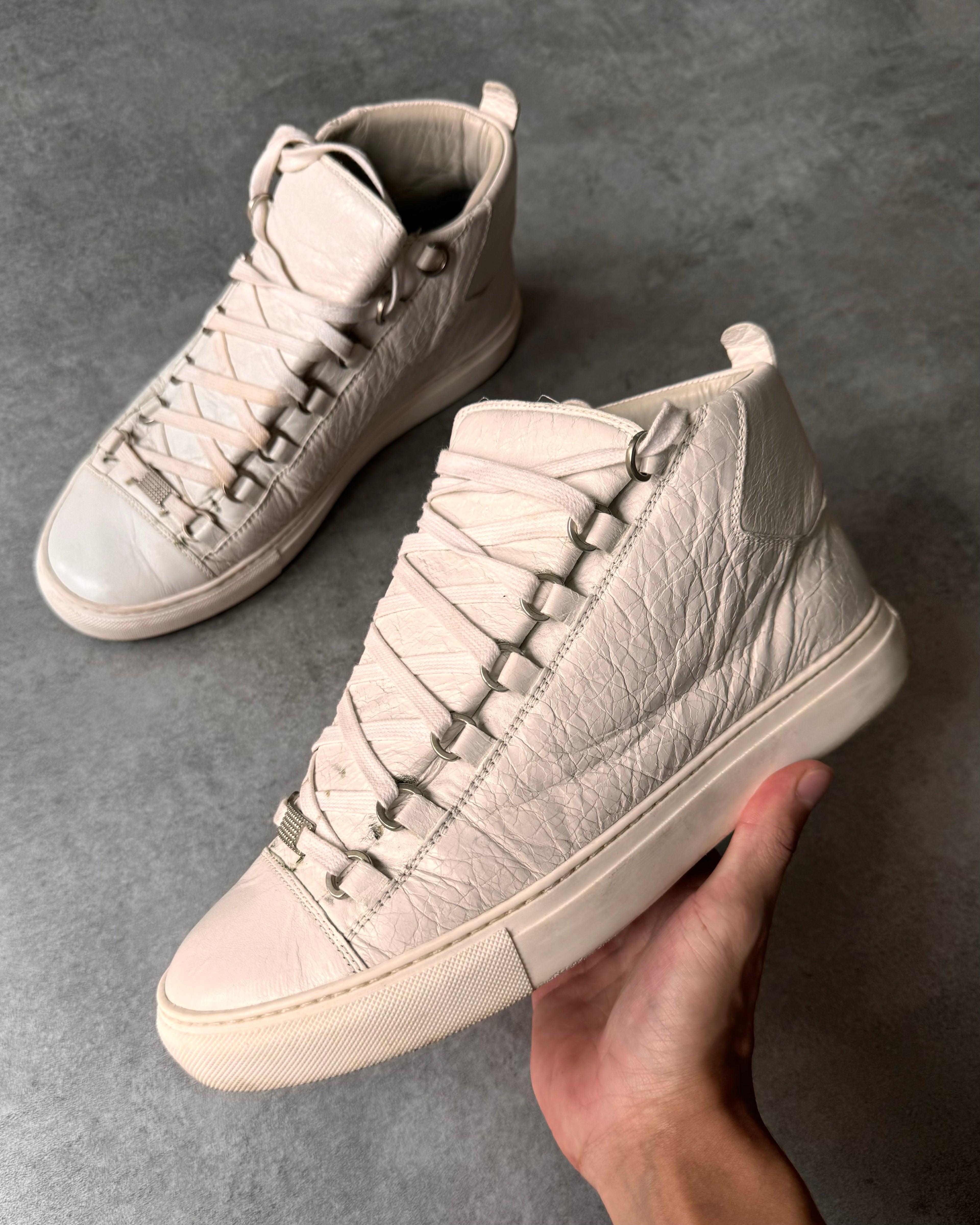 Balenciaga Arena High White Cracked Leather Sneakers