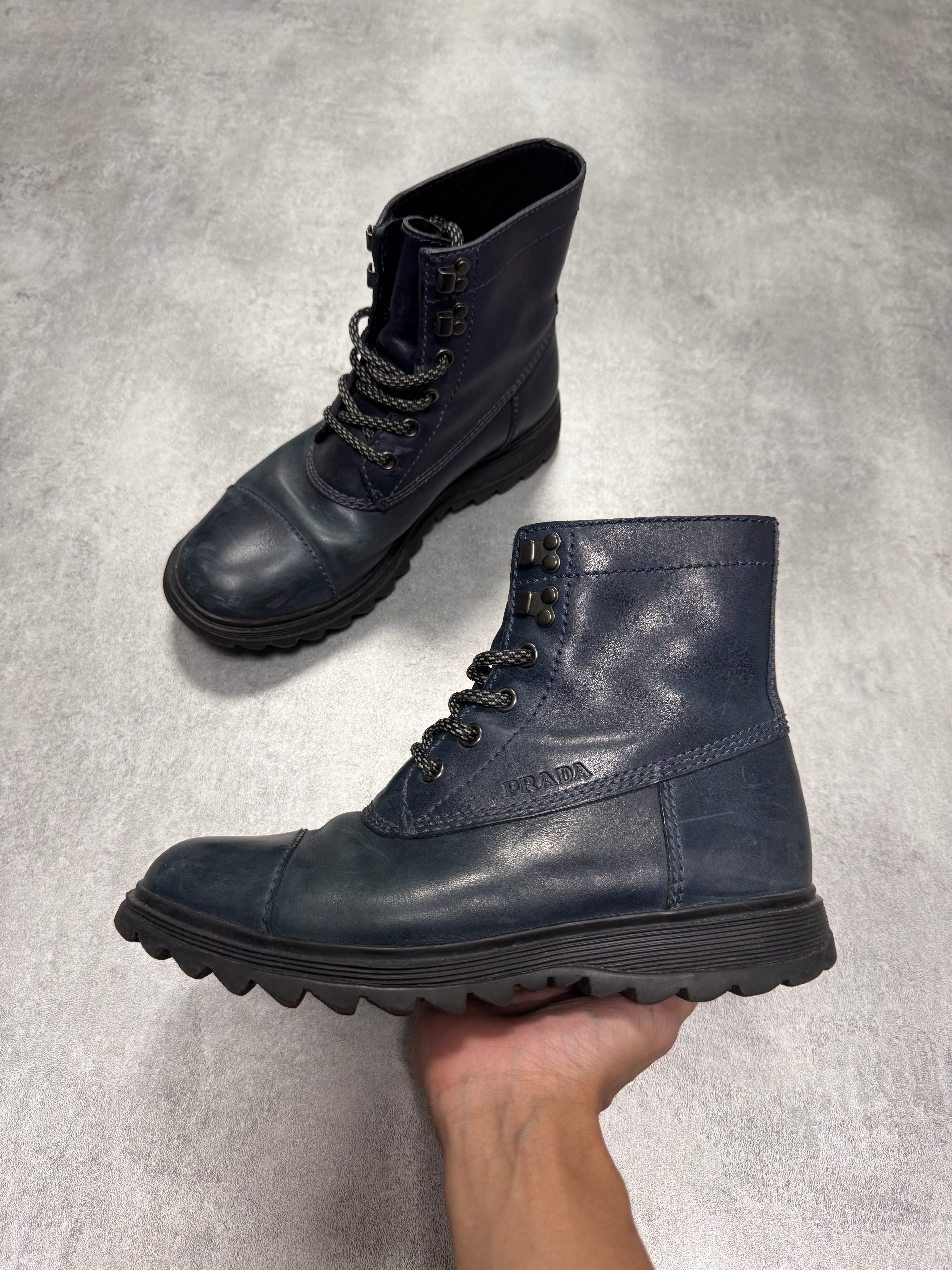 2000s Prada Hiking Navy Leather Boots