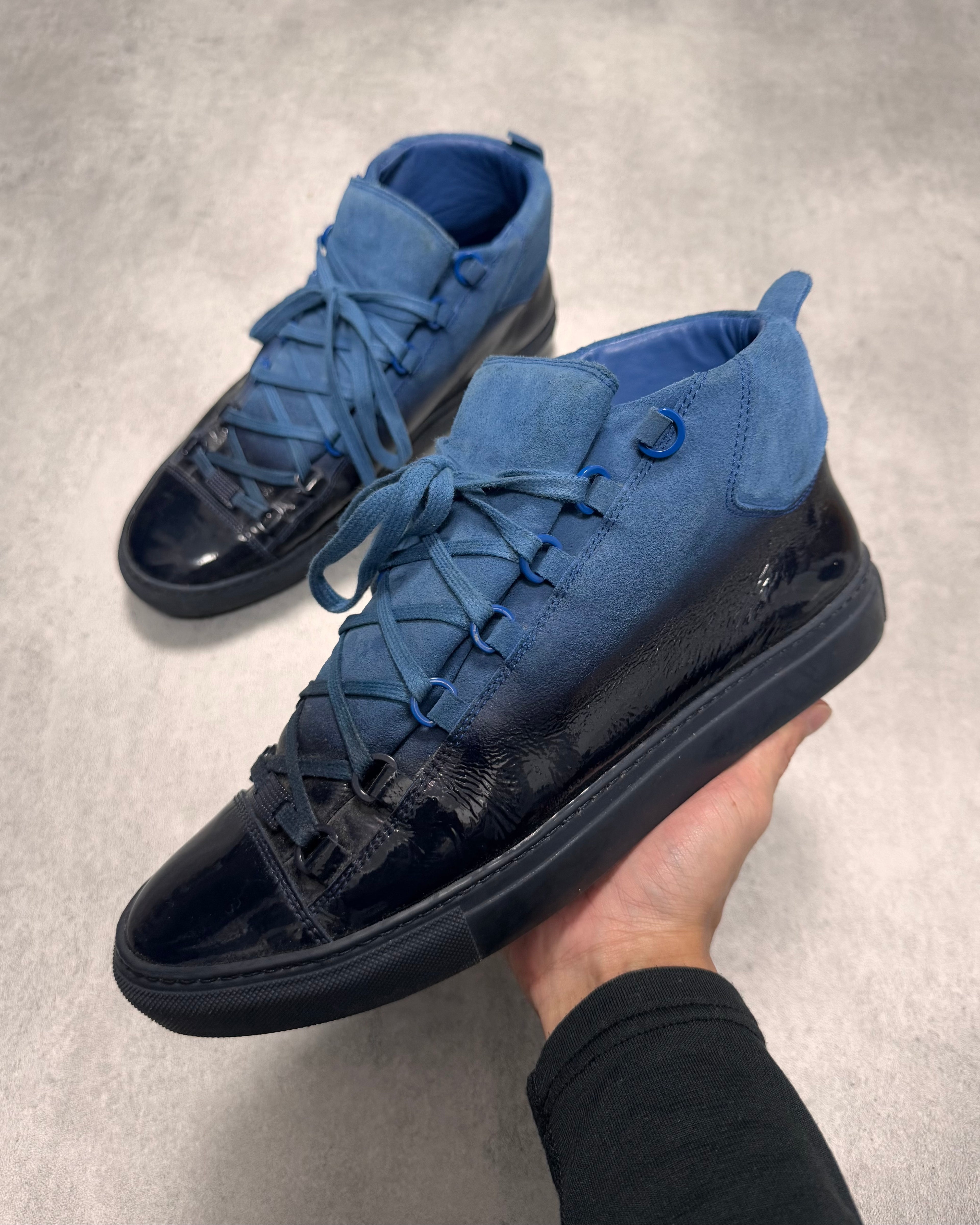 Balenciaga Arena High Hybrid Varnished Black on Blue Suede Leather Sneakers