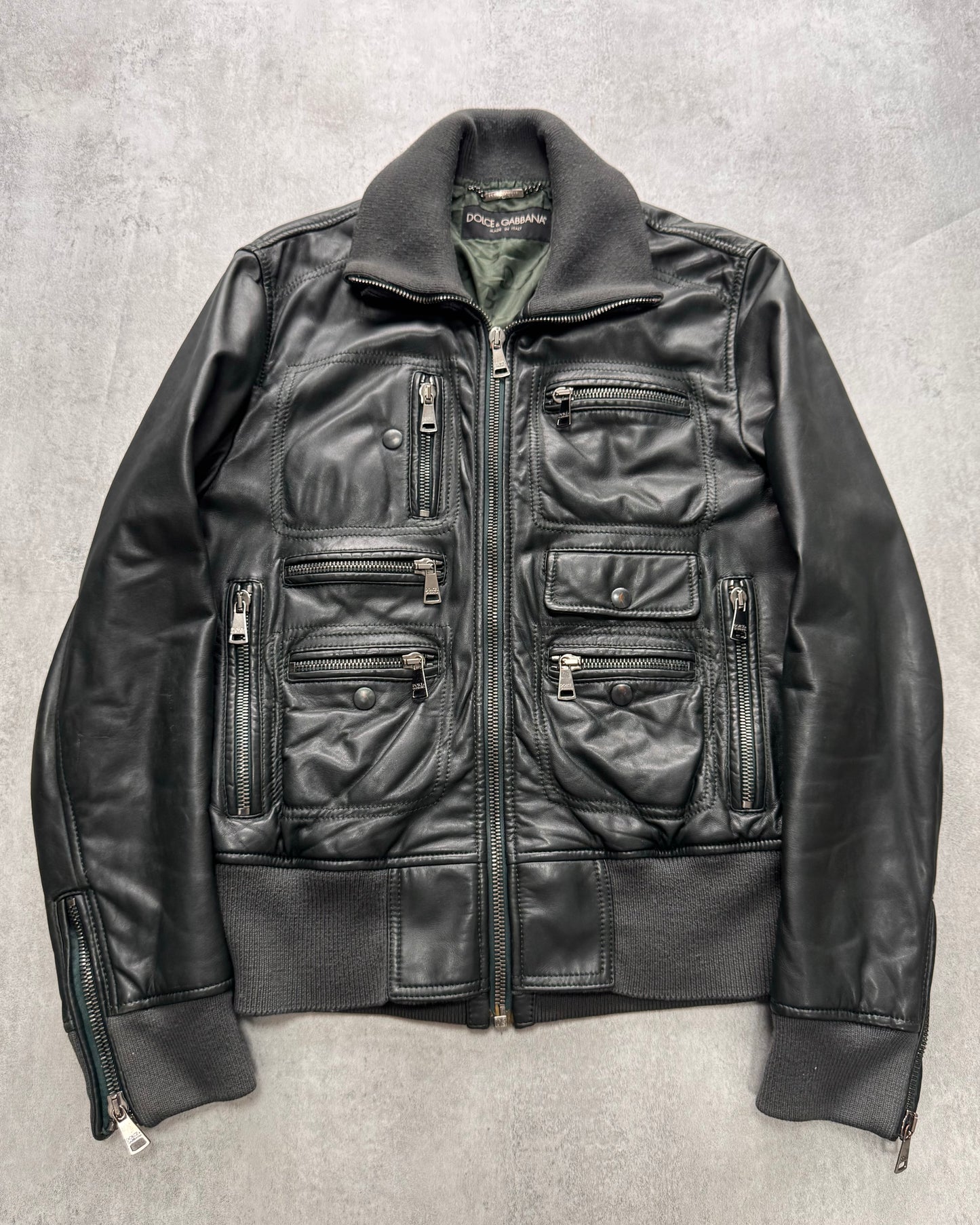 Dolce & Gabbana Multi-Zip Dark Olive Leather Jacket (M/L)