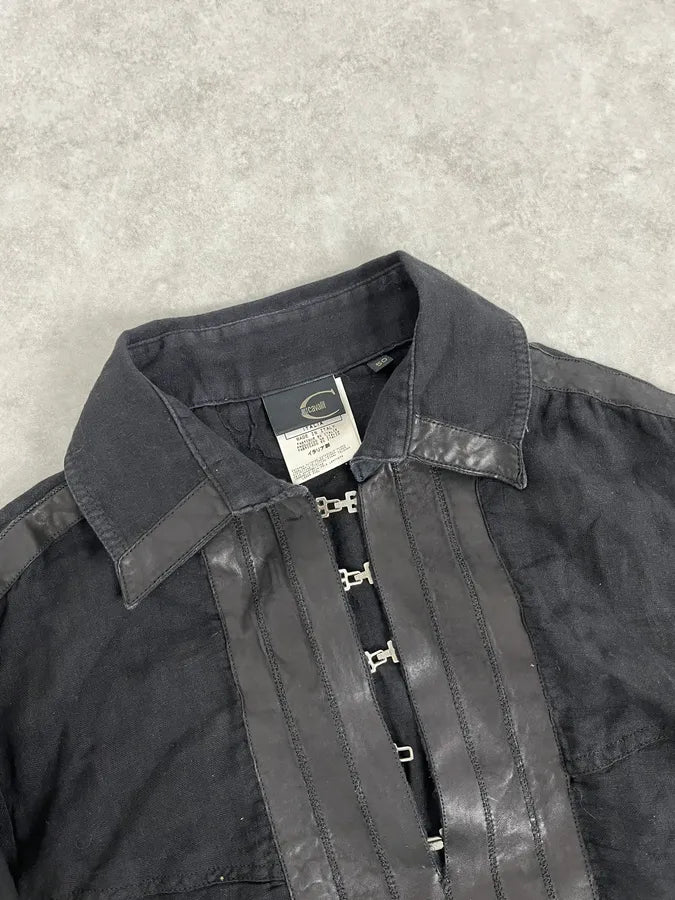 2000s Cavalli Black Hybrid Linen & Leather Henley Shirt FJcbvRW 3