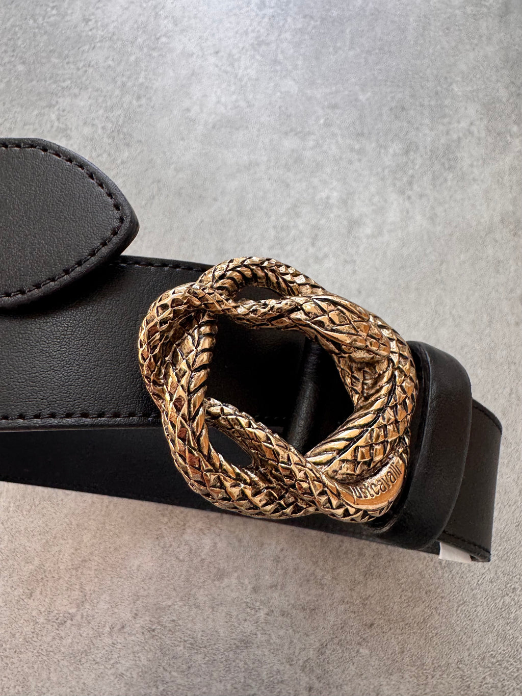 Cavalli Snake Buckle Black Leather Belt
