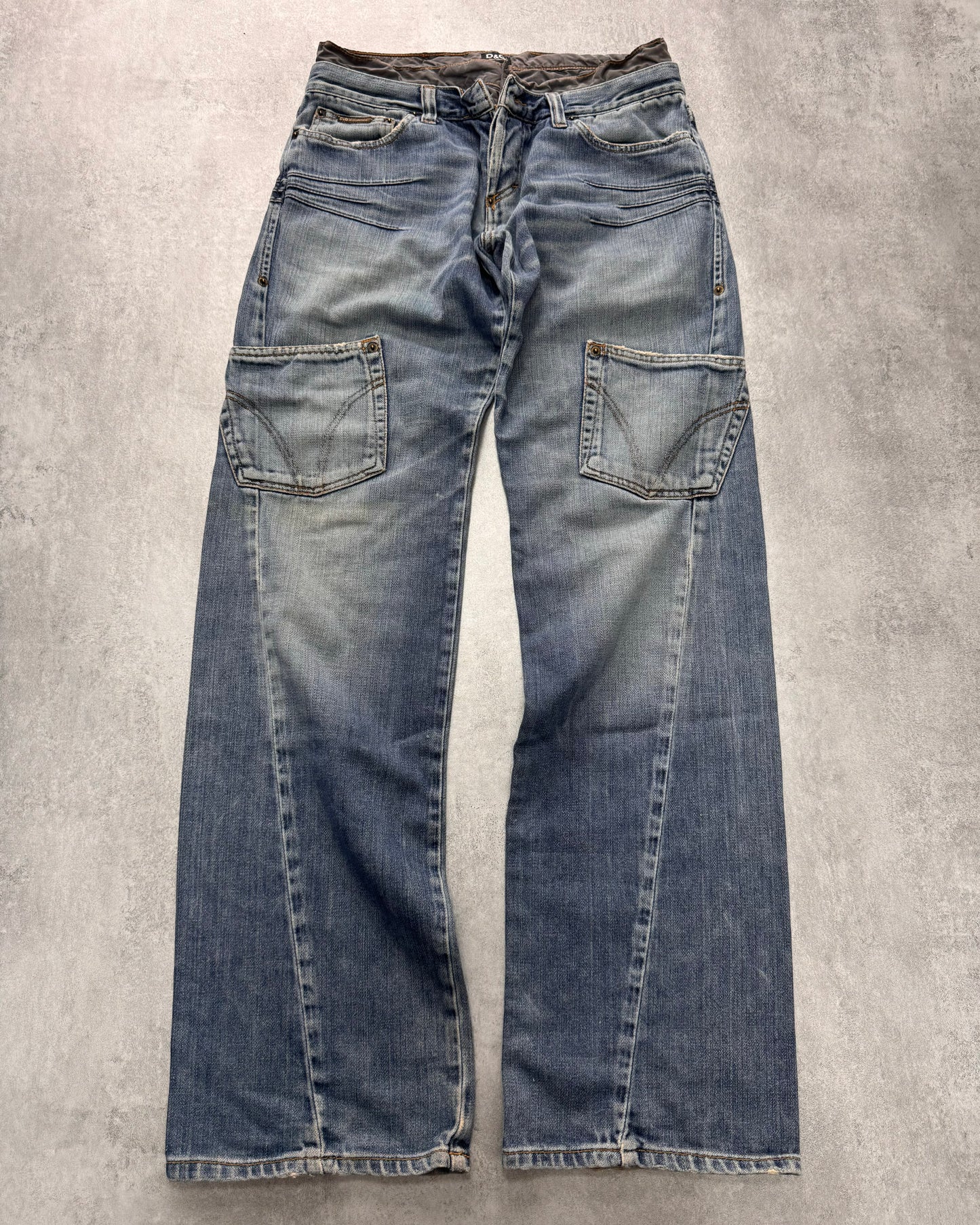 AW2003 Dolce & Gabbana Double-Waisted Sun Faded Denim Cargo Jeans (M)