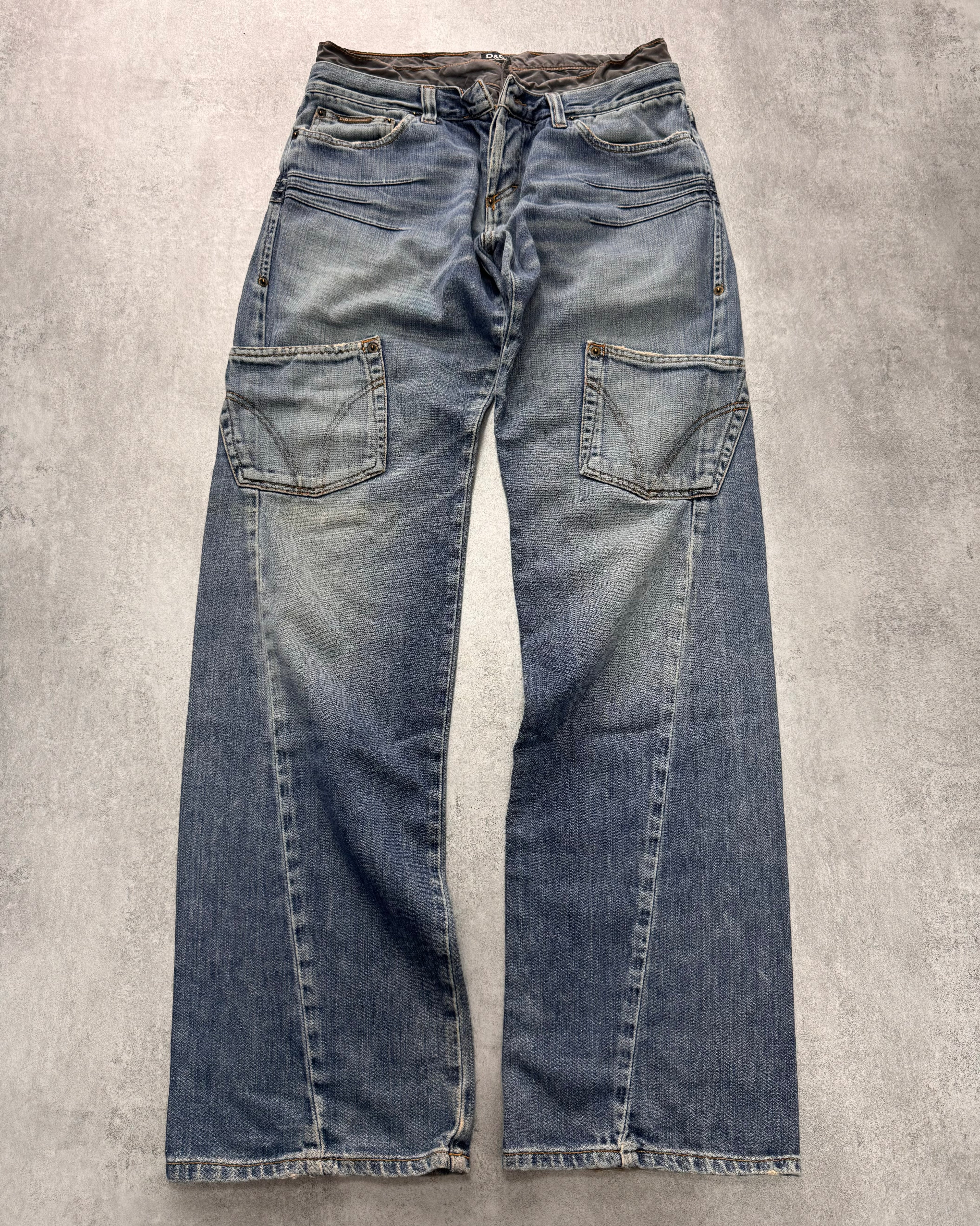 AW2003 Dolce & Gabbana Double-Waisted Sun Faded Denim Cargo Jeans