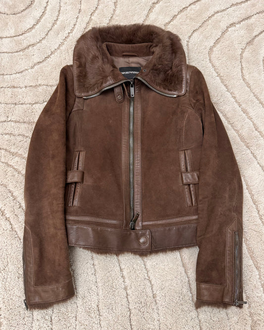FW2007 Emporio Armani Furry Collar Cropped Leather Jacket (XS)
