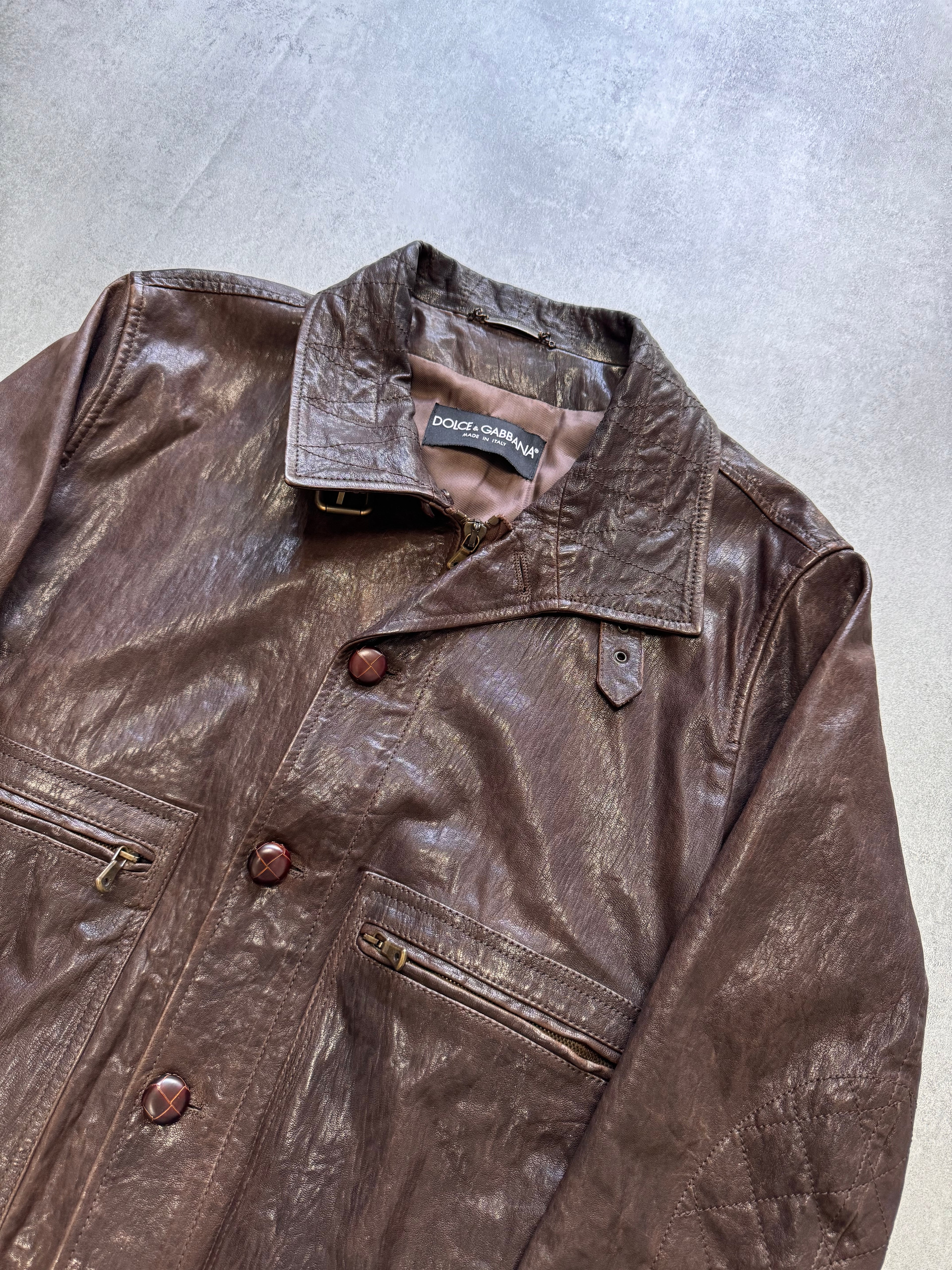 FW2005 Dolce & Gabbana Military Brown Leather Heavy Jacket