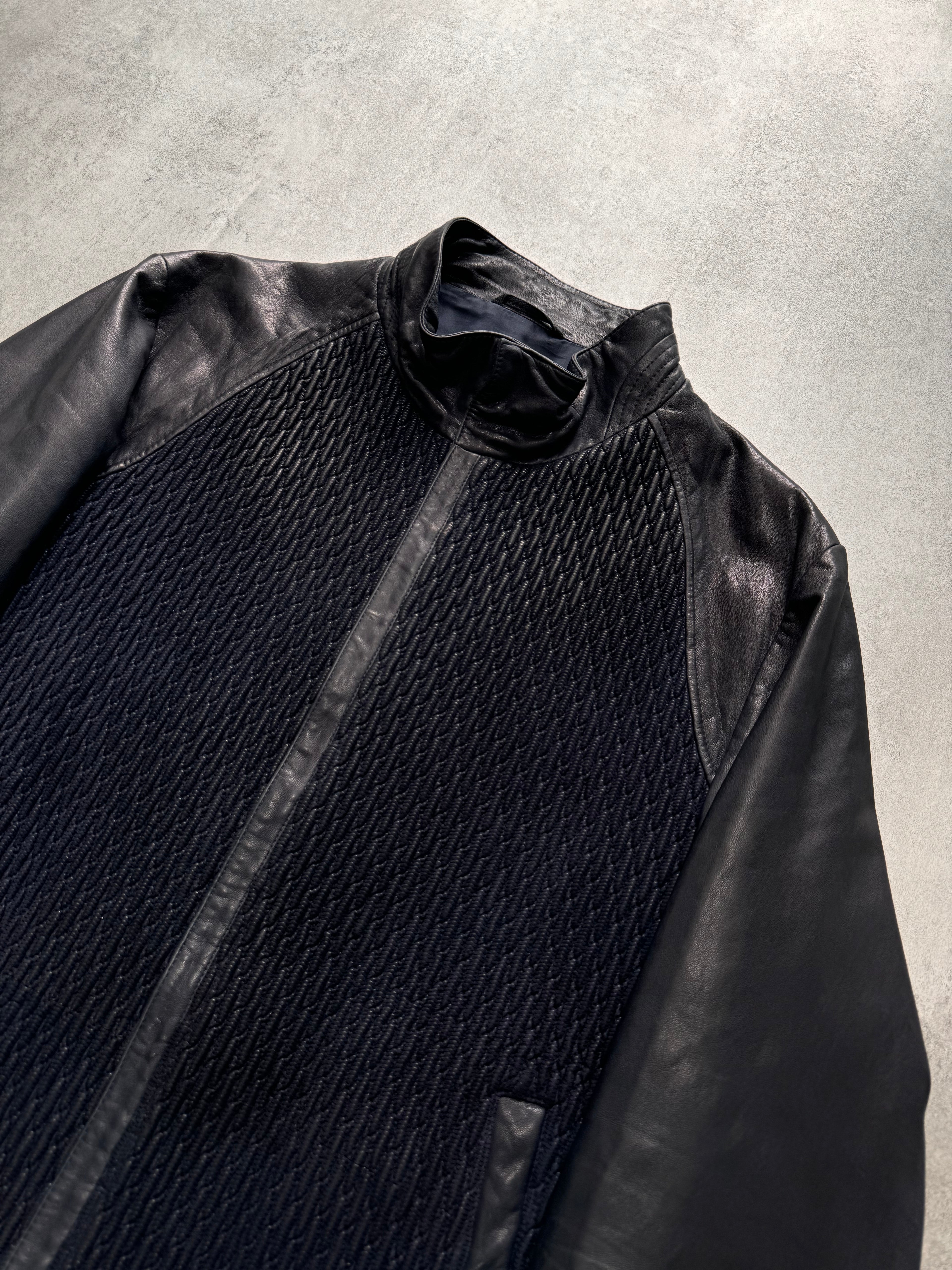 SS2014 Giorgio Armani Plissé Navy Leather Jacket