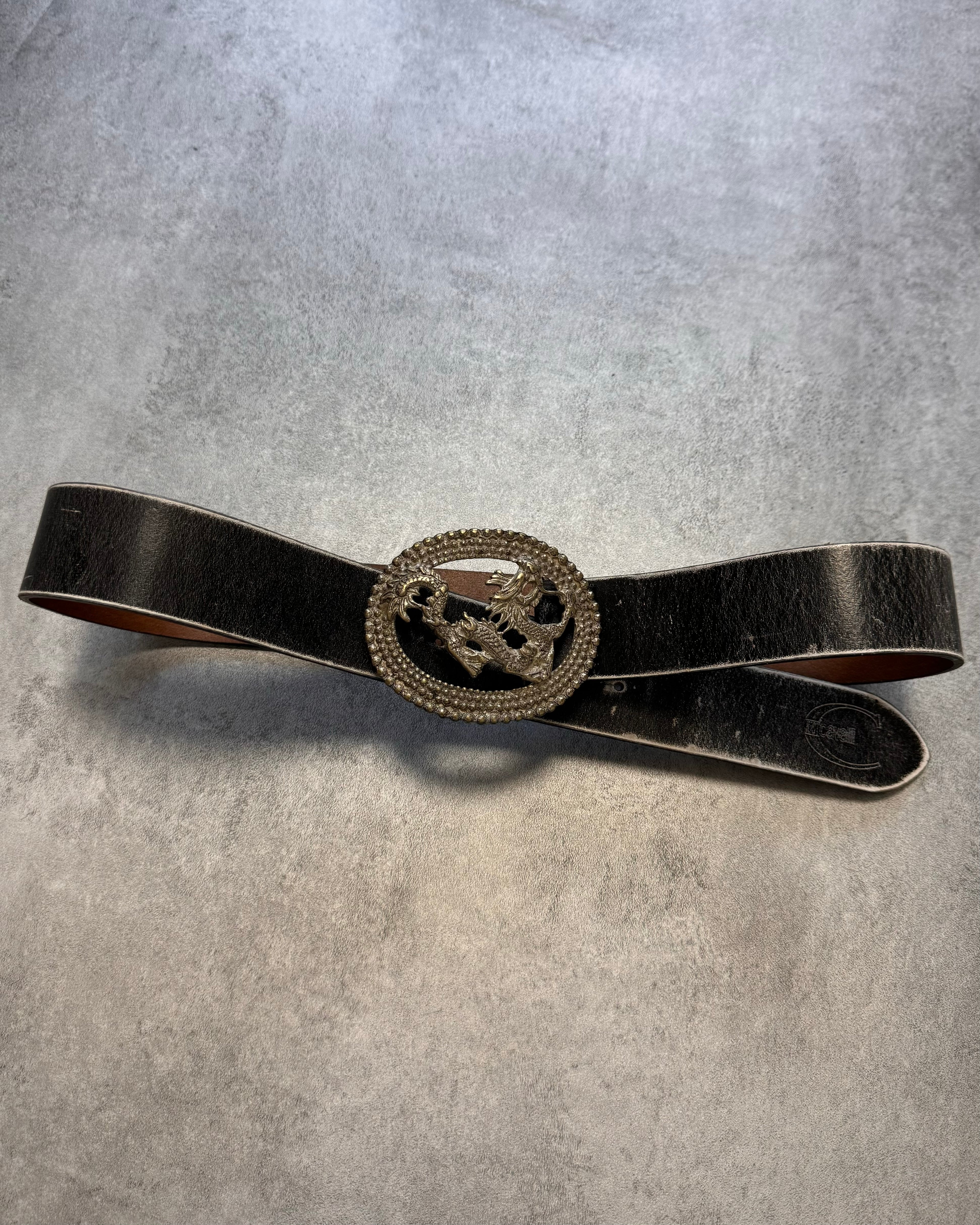 2000s Cavalli Silver Dragon Faded Leather Belt