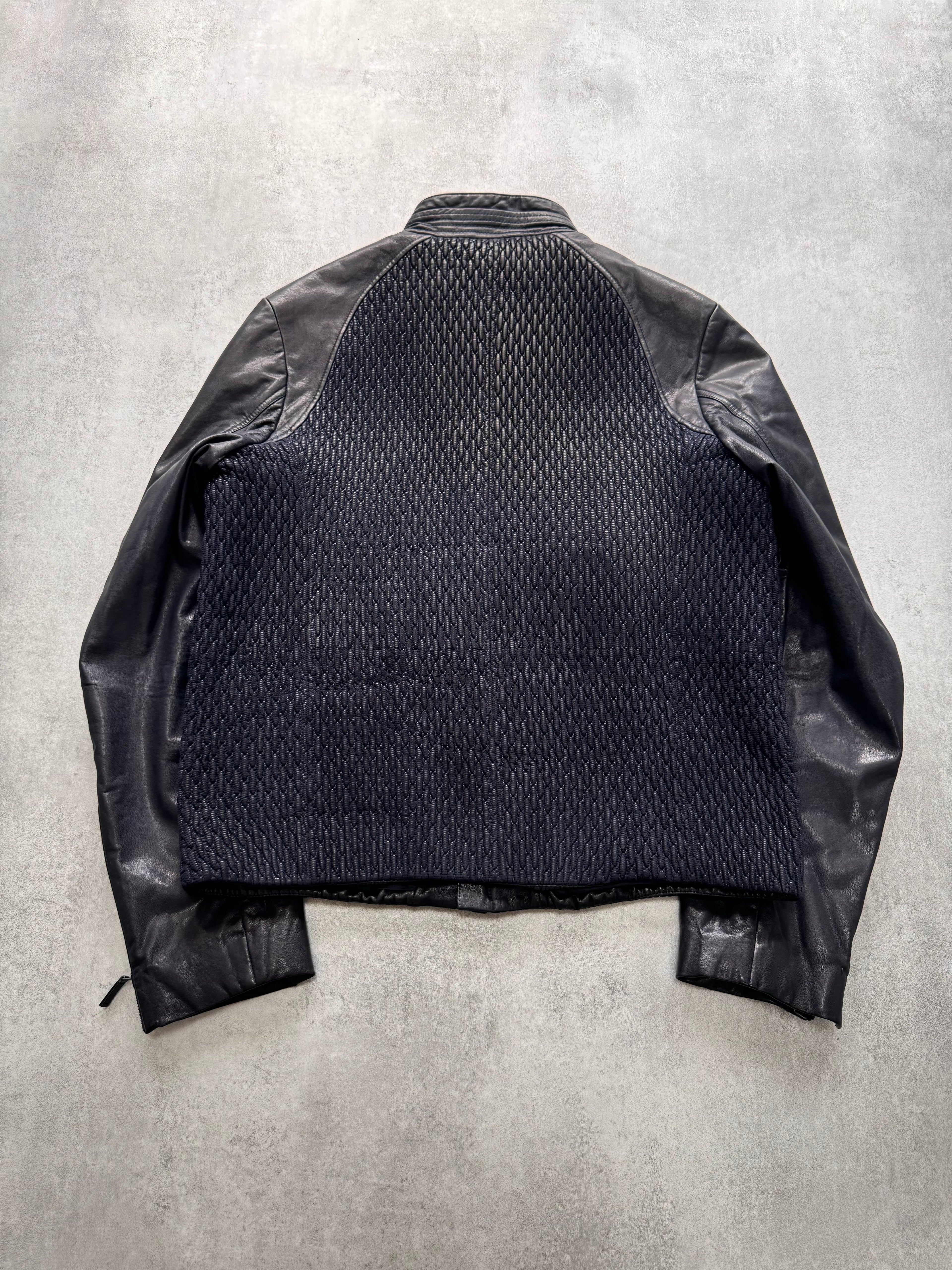 SS2014 Giorgio Armani Plissé Navy Leather Jacket