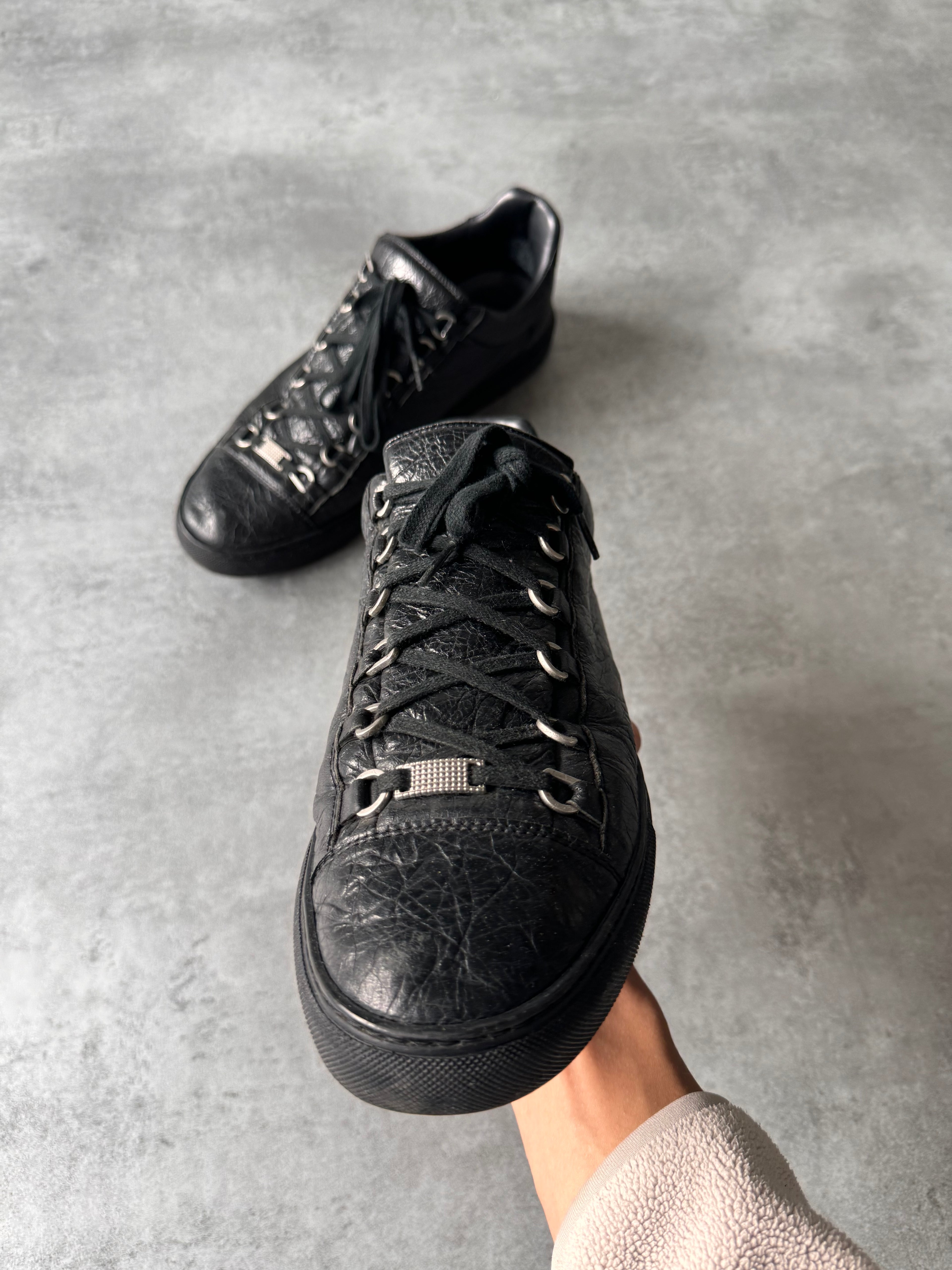 Balenciaga Arena Low Black Cracked Leather Sneakers