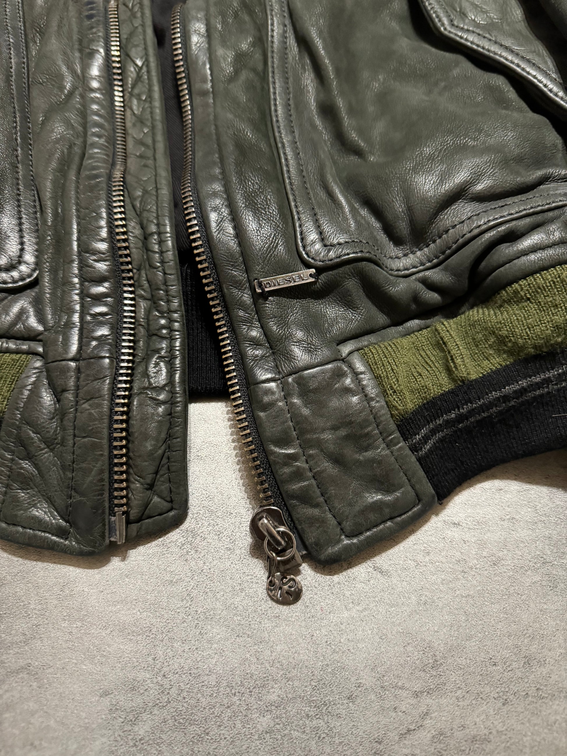 2000s Diesel Olive Biker Eroded Polished Leather Jacket (M/L) - 9