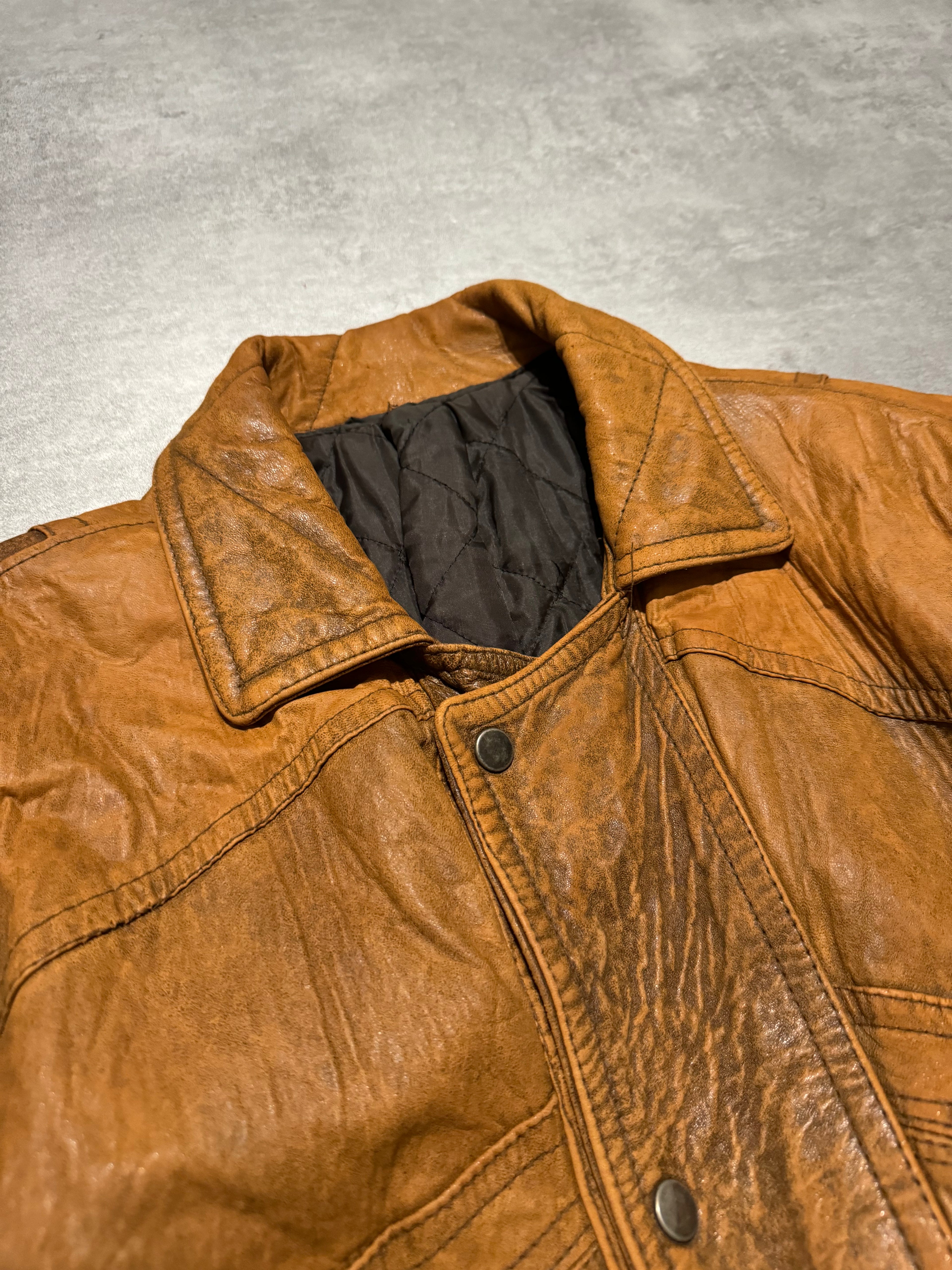 1990s Artisanal French Eroded Brown Leather Jacket with Detachable Sleeves (M) - 15