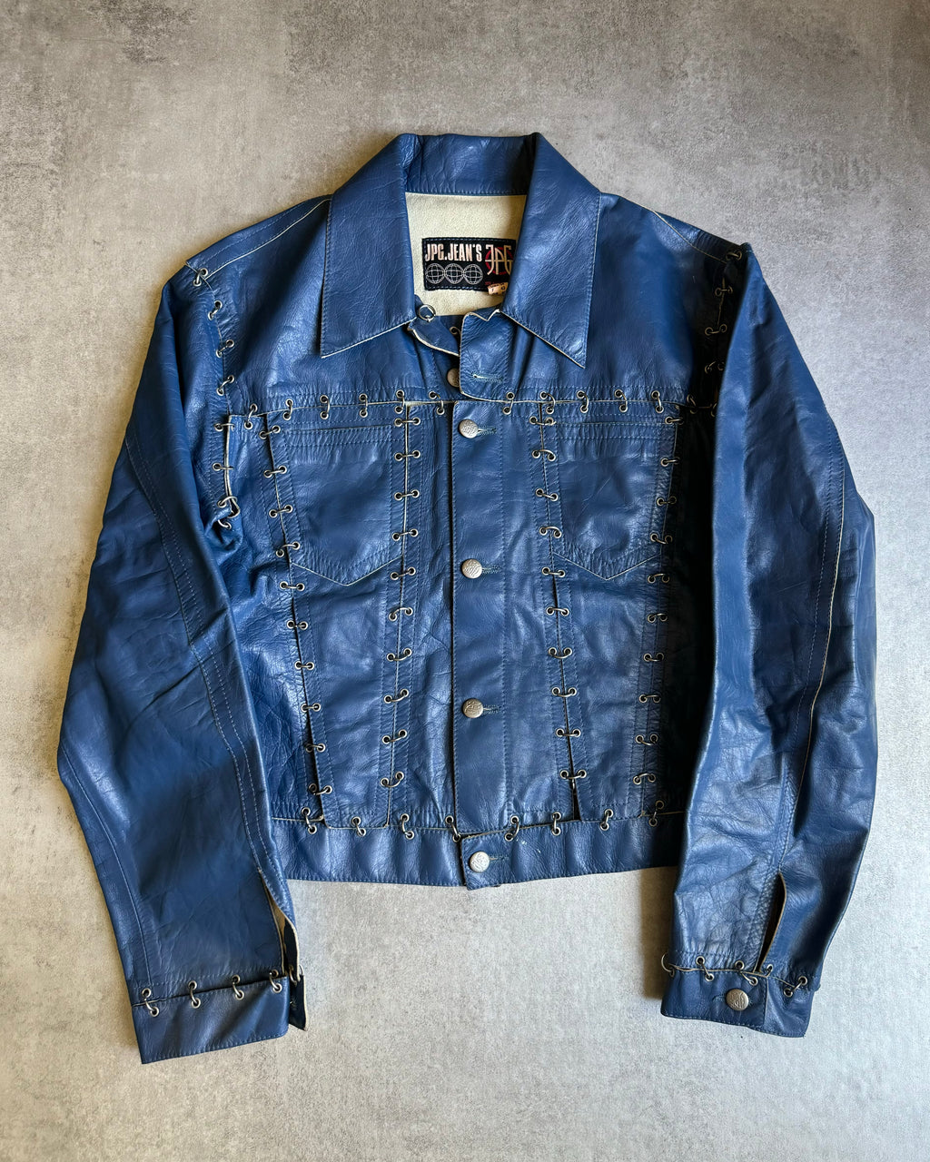SS2003 Jean Paul Gaultier Pierced Blue Leather Trucker Jacket (S/M
