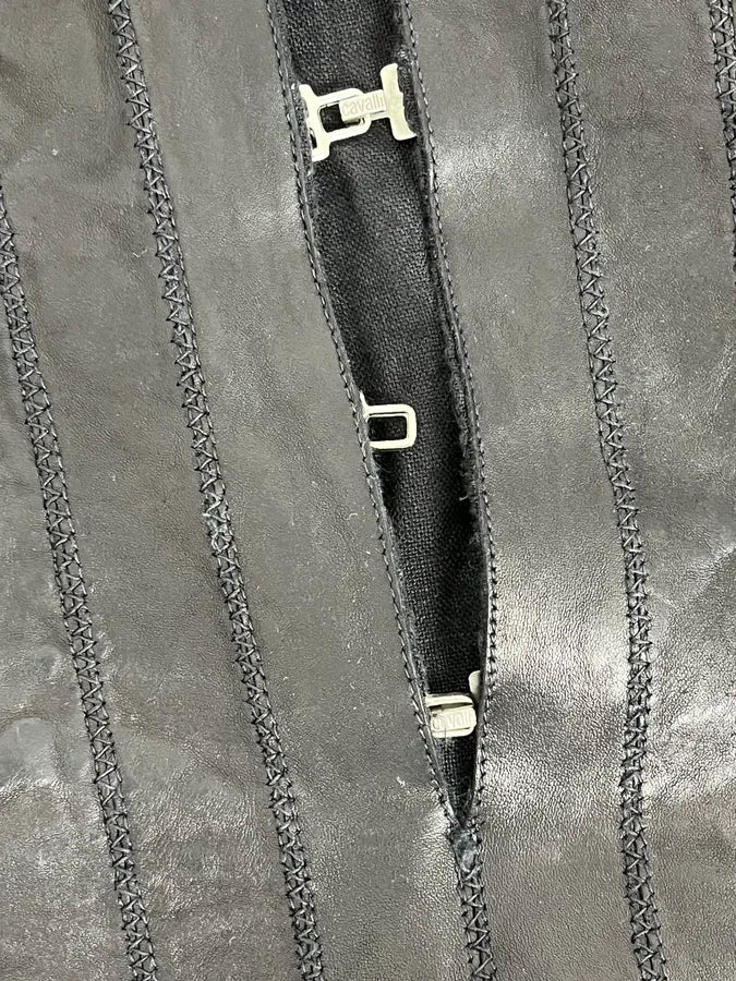 2000s Cavalli Black Hybrid Linen & Leather Henley Shirt FJcbvRW 6