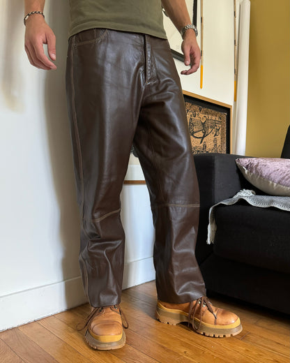 2000s Jean Paul Gaultier Cozy Brown Leather Pants (M) - 3