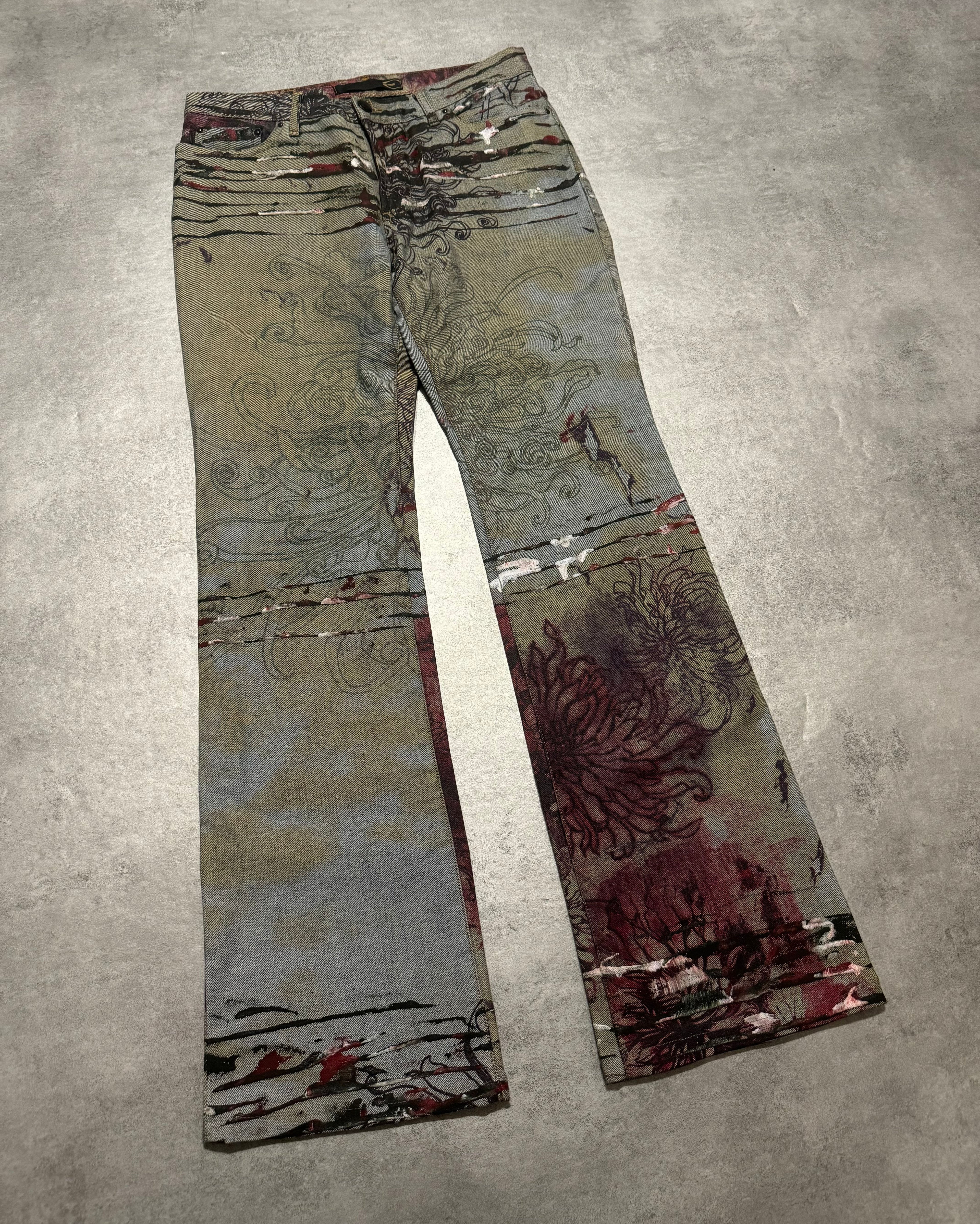 2000s Cavalli Scar Nature Flowers Grey Pants (S) - 9