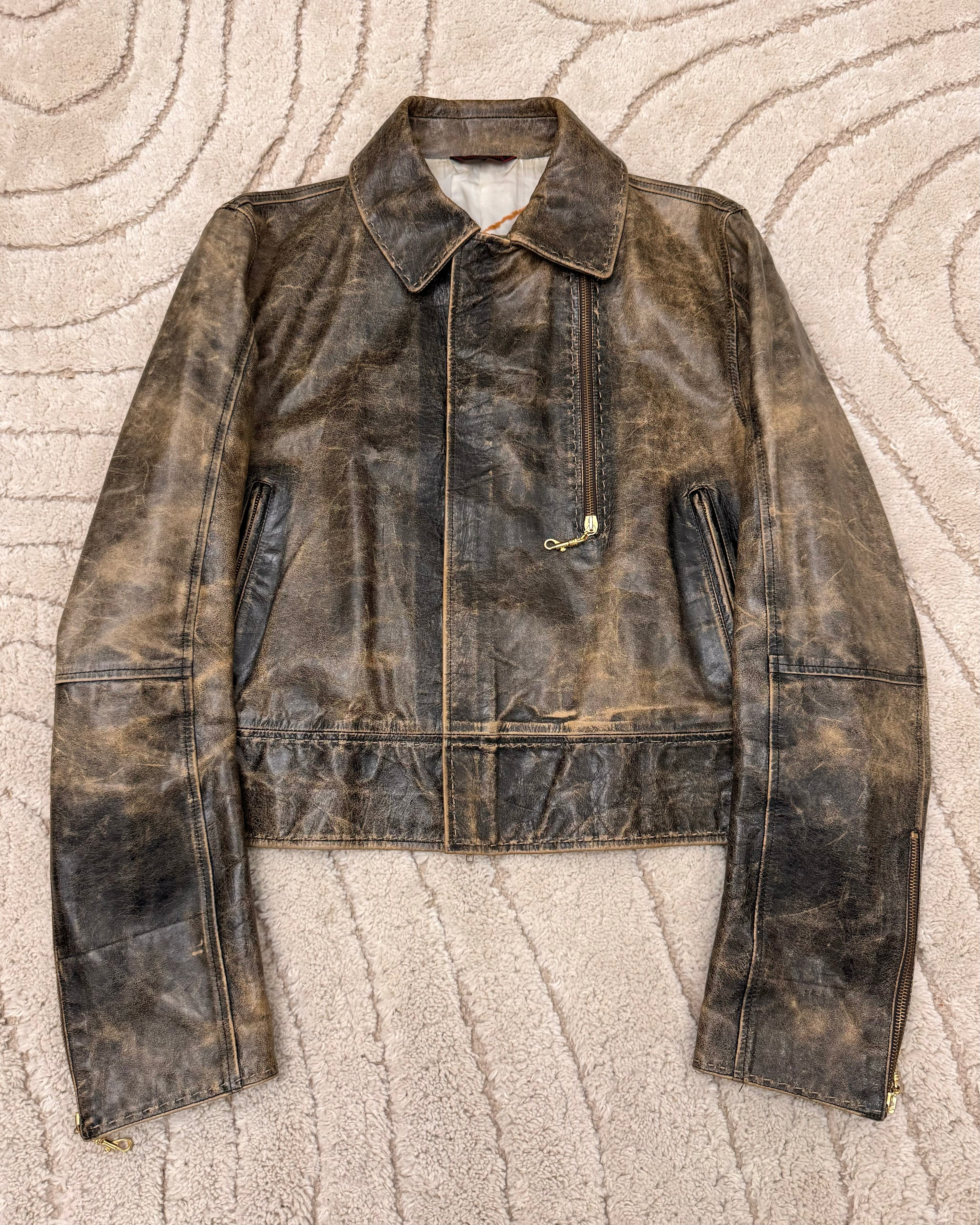 SS2000 Roberto Cavalli 手工短款仿旧皮夹克（S/M）