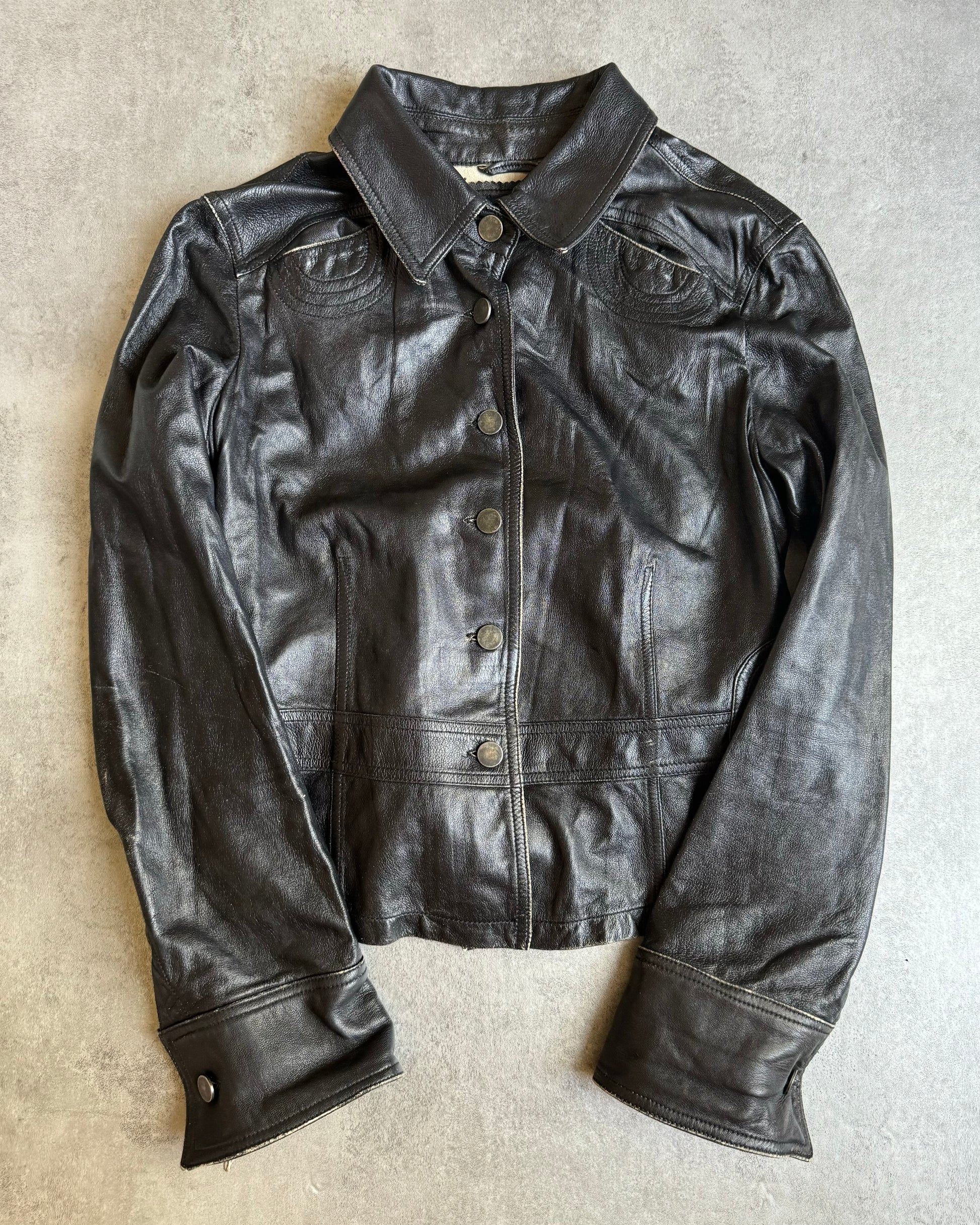 2000s Armani Black Padded Biker Leather Jacket  (S) - 1