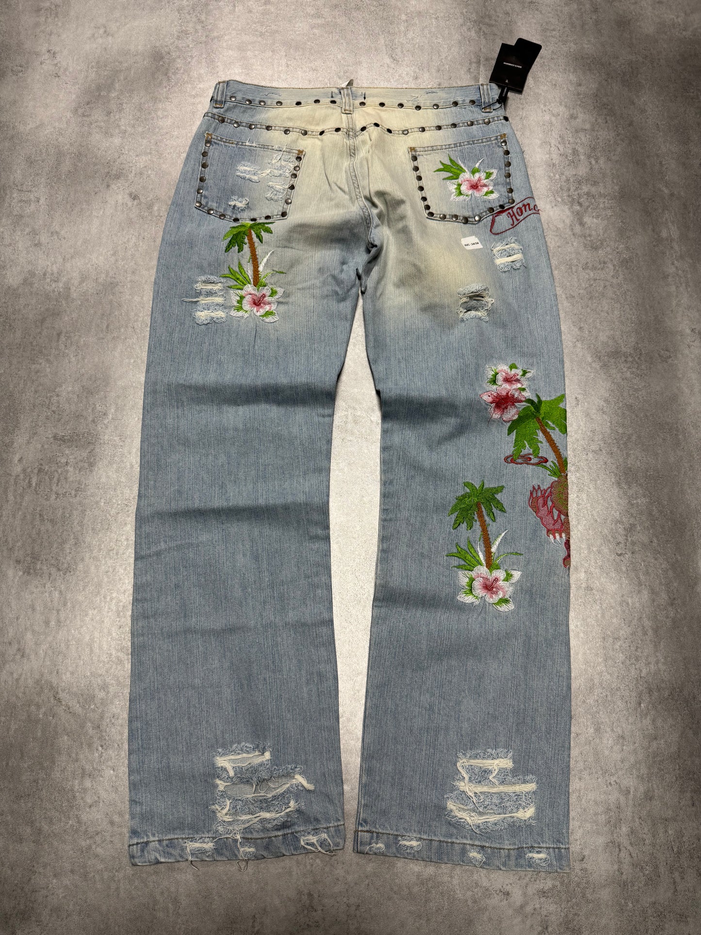 SS2006 Dolce & Gabbana Haiwai Honolulu Embroideries Distressed Denim Jeans (M/L)