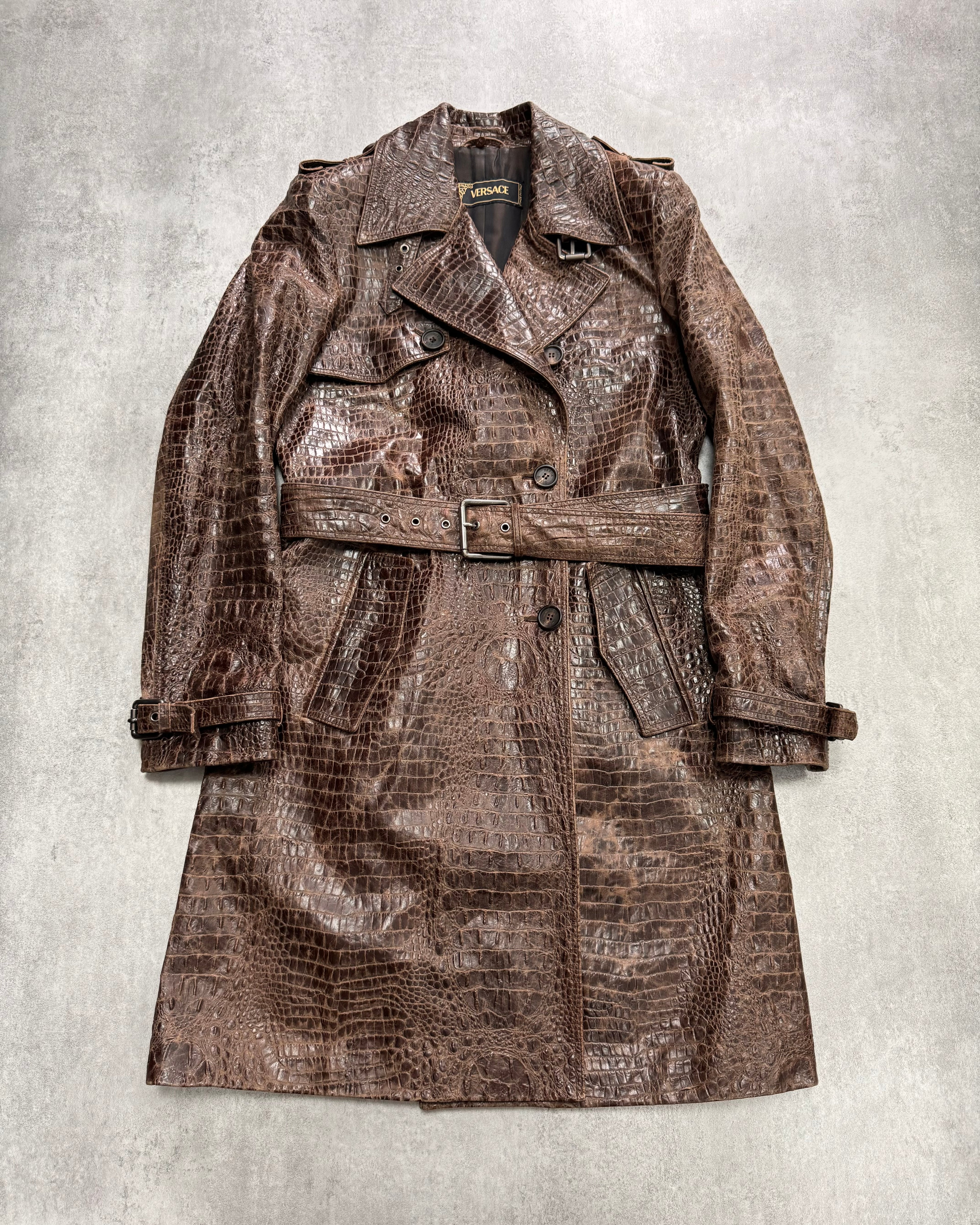 1990s Versace Crocodile Effect Embossed Leather Trench Coat