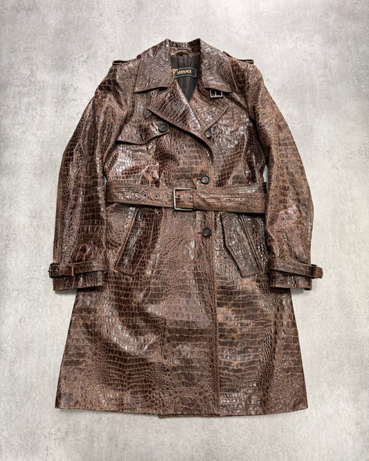 1990s Versace Crocodile Effect Embossed Leather Trench Coat (XS)