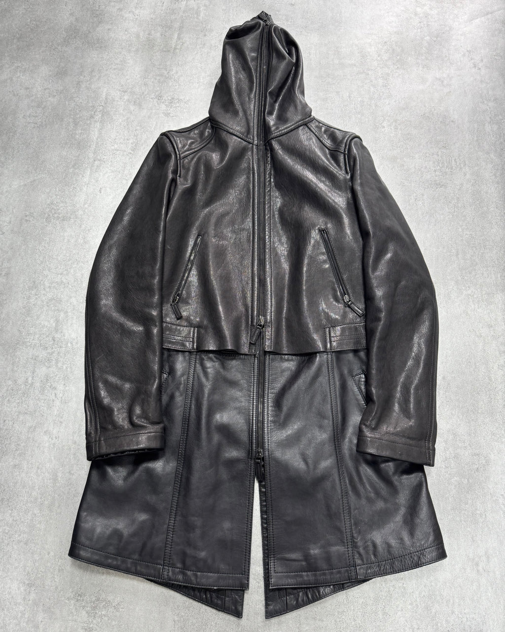 FW2012 Emporio Armani Full Zip Black Leather Long Jacket
