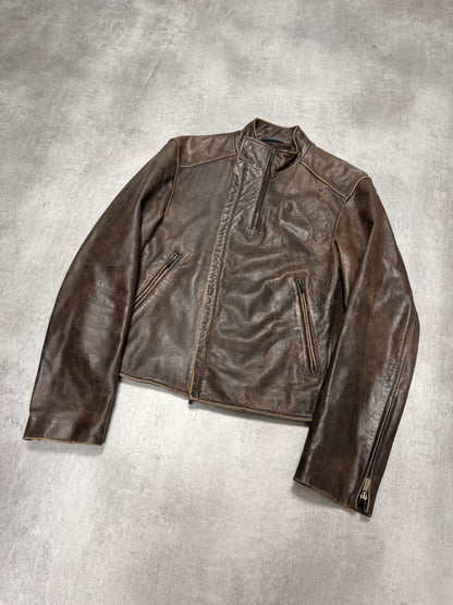 1990s Kenzo Bird Biker Brown Leather Jacket (S)