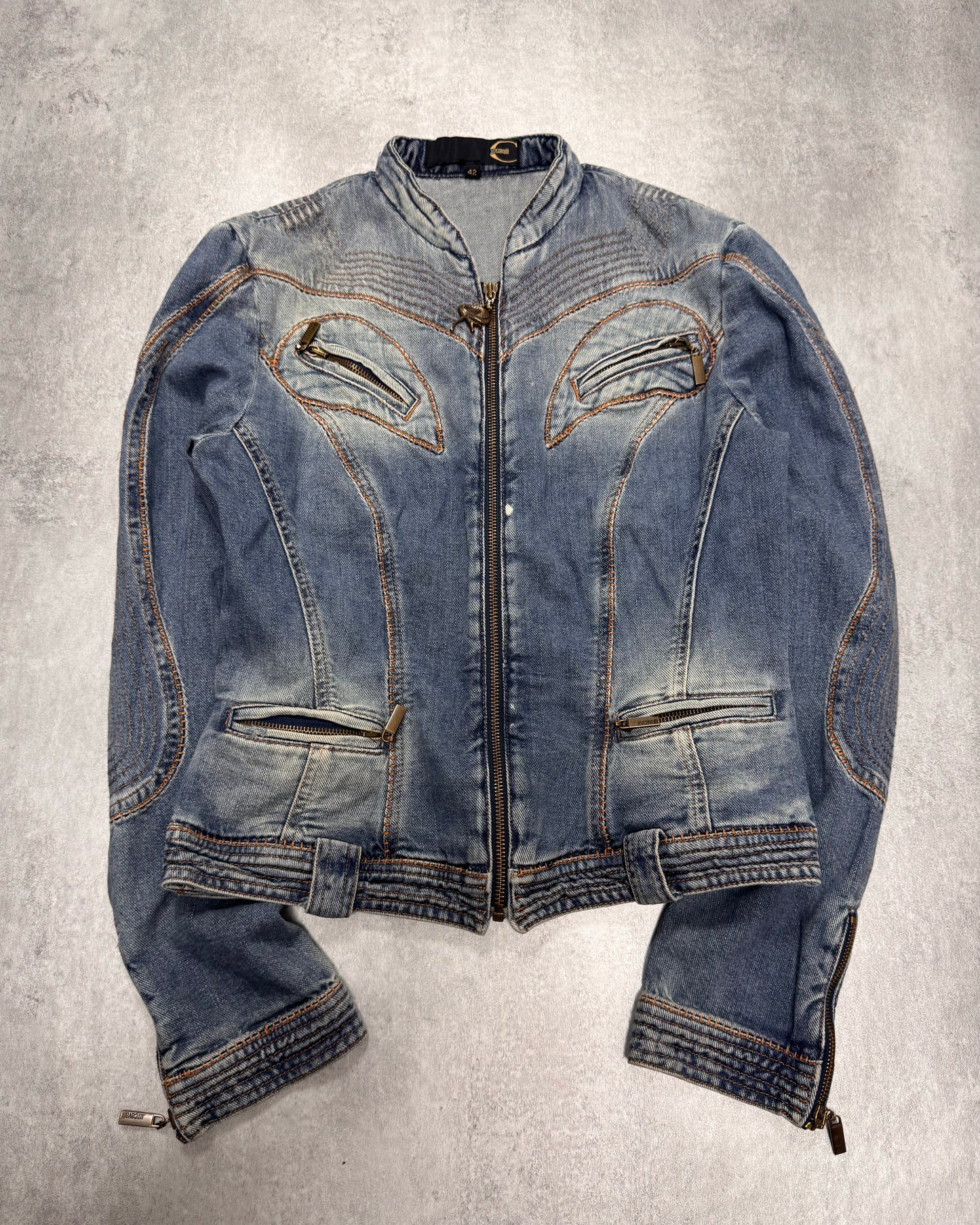 SS2005 Cavalli Sexy Biker Conceptual Denim Jacket (XS)