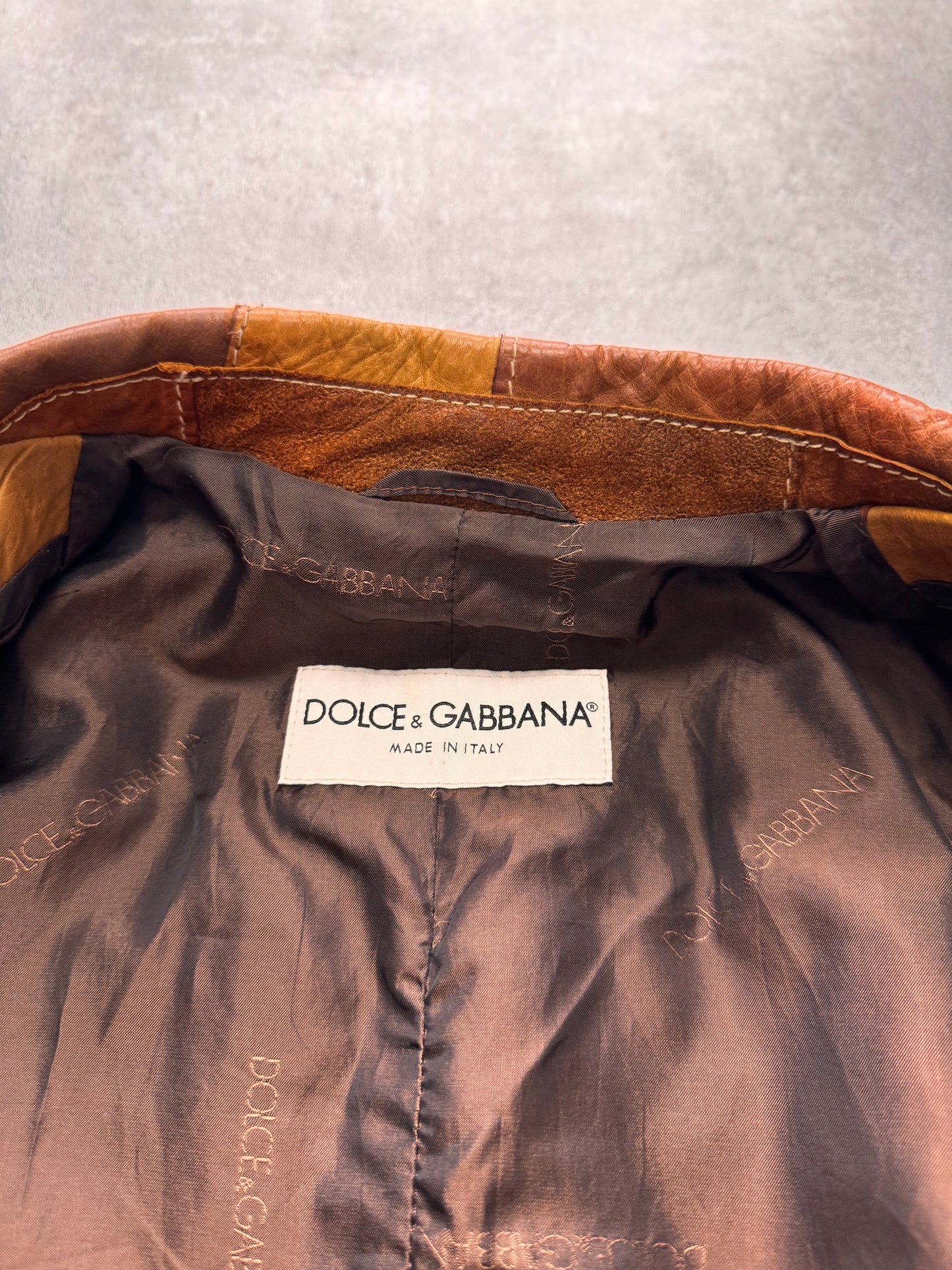 SS2001 Dolce & Gabbana Camel Patchwork Leather Suit Jacket (M)