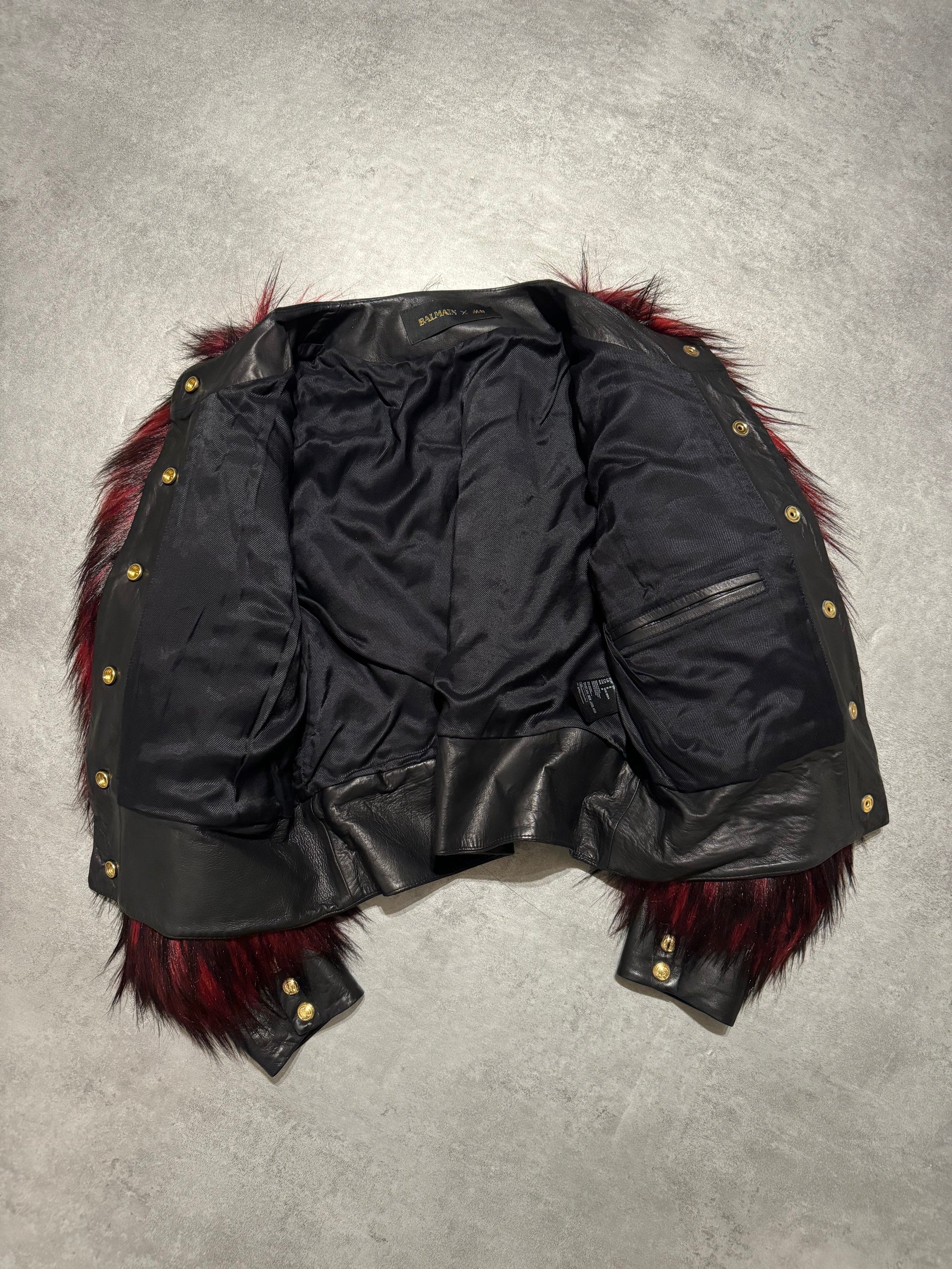 FW2015 Balmain x H&M Red Faux Fur Leather Jacket (XS) - 5