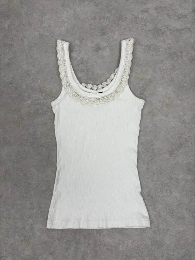 2000s D&G Dolce & Gabbana White Ribbed Ornated Tank Top  ZJzOFbu 1