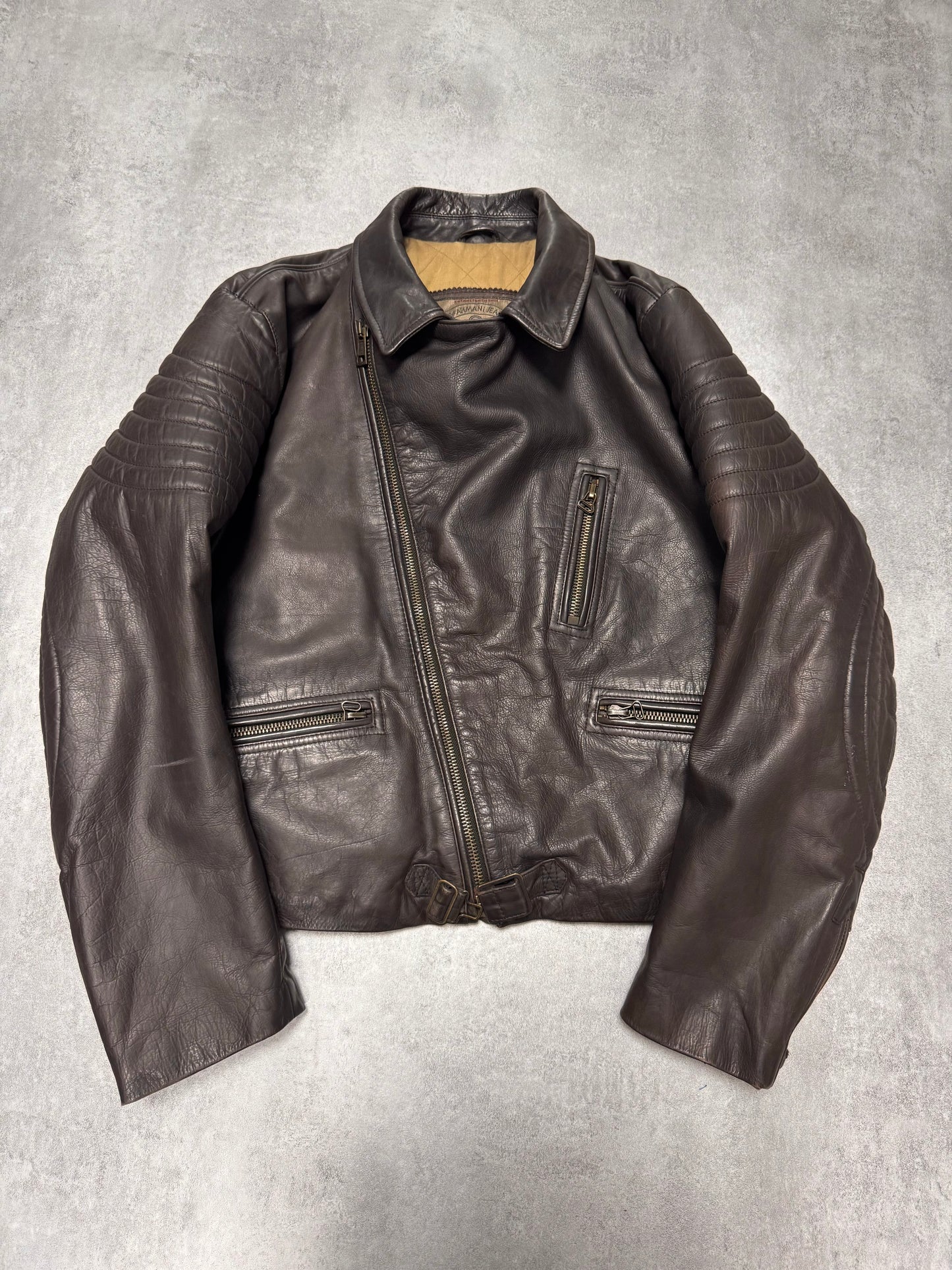 1990s Armani Aviator Bomber Brown Leather Cropped Jacket (M)