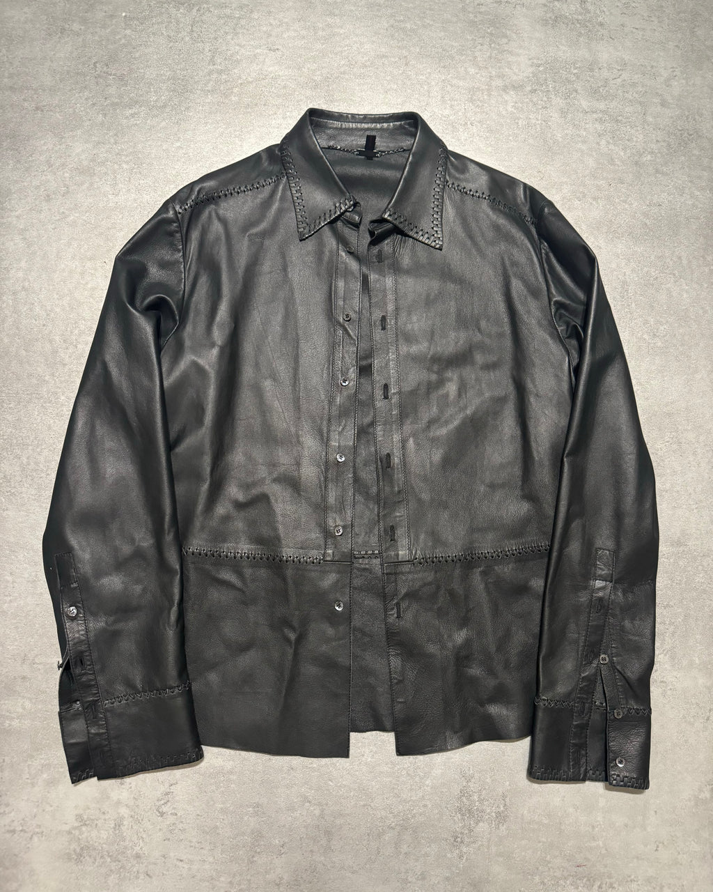 AW2000 Roberto Cavalli Black Minimalist Premium Leather Shirt (S) - 10