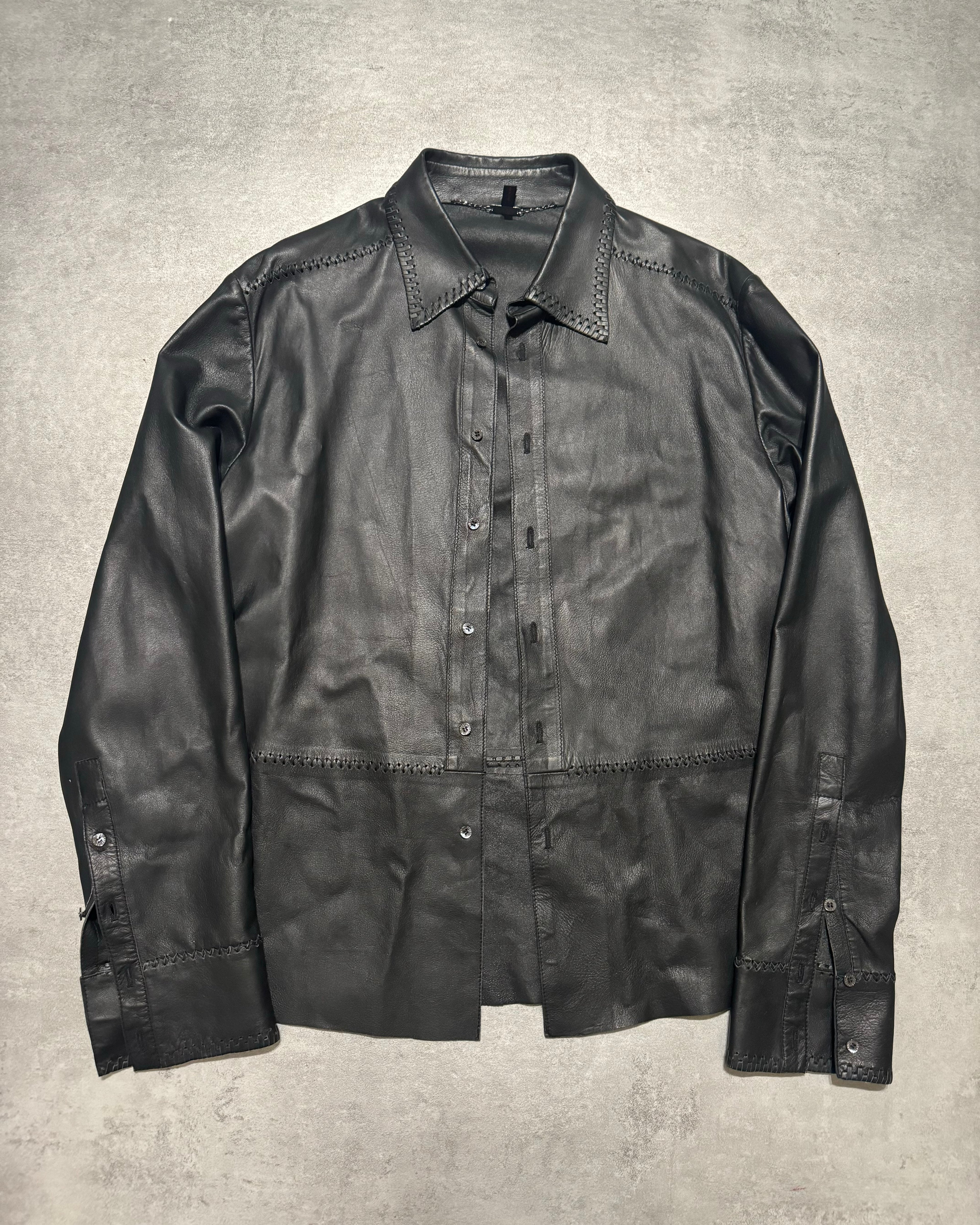 AW2000 Roberto Cavalli Black Minimalist Premium Leather Shirt (S) - 10