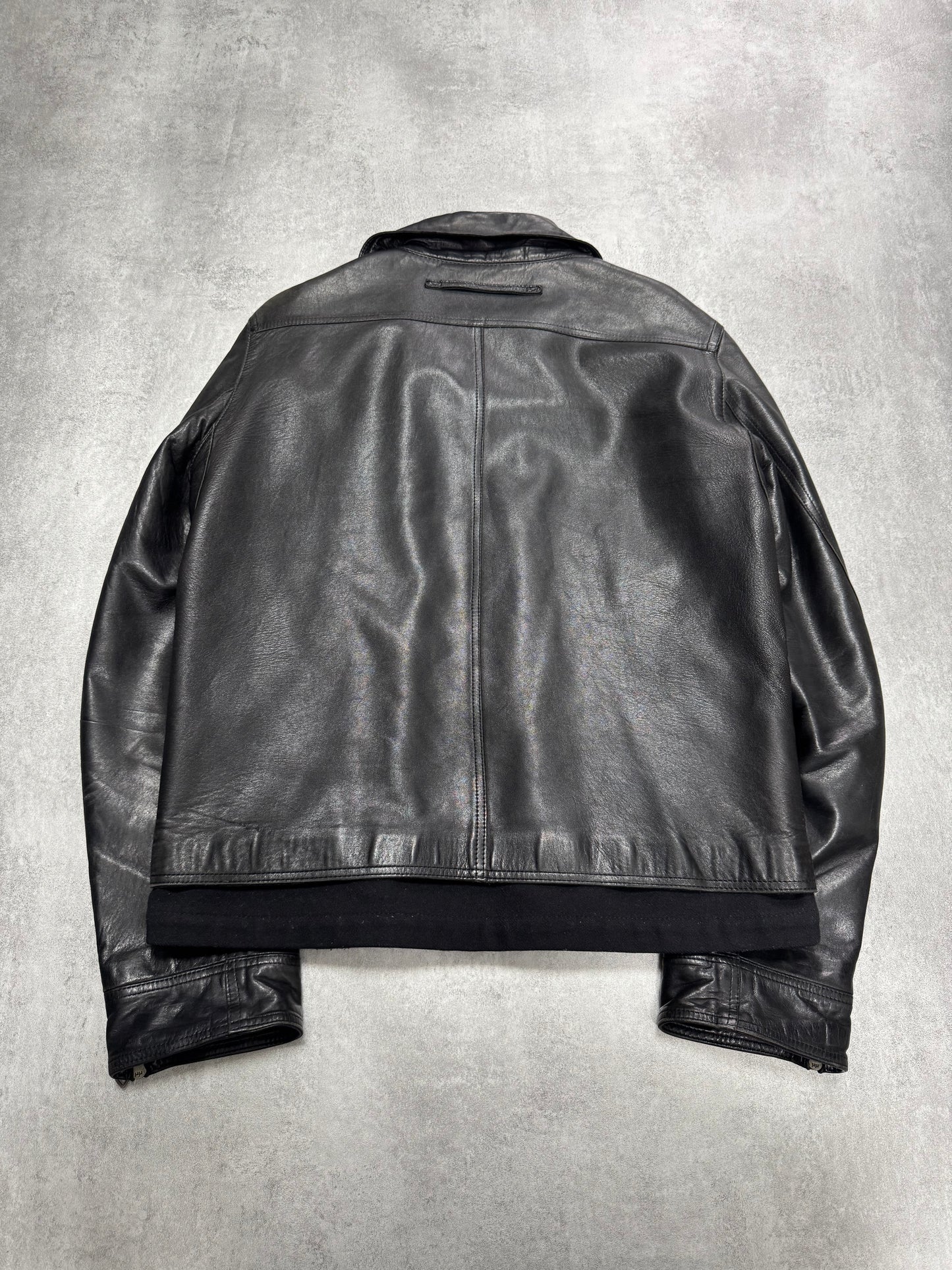 2000s Prada High Collar Black Leather Jacket (M)