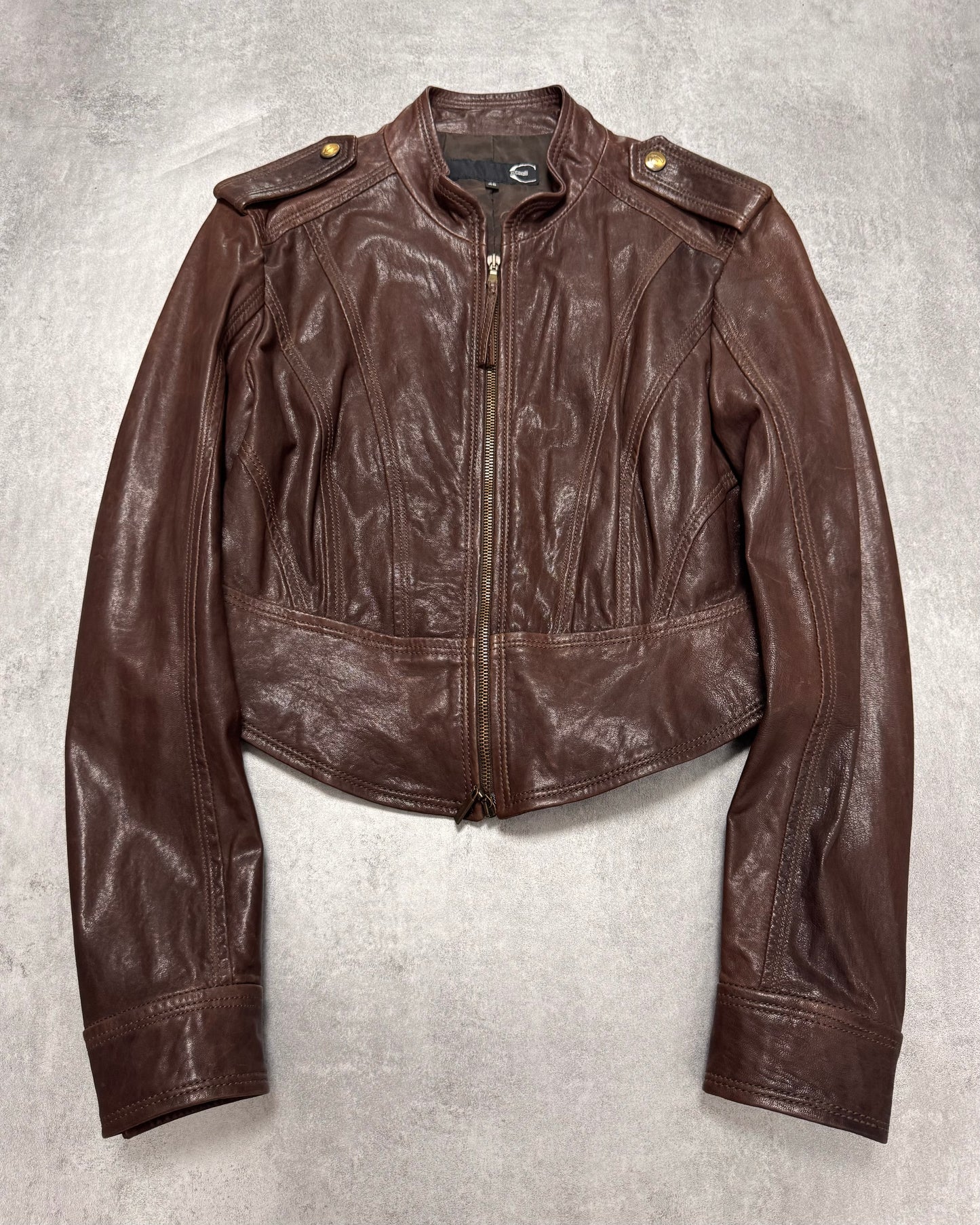 FW2011 Cavalli Cropped Brown Leather Jacket (XS)